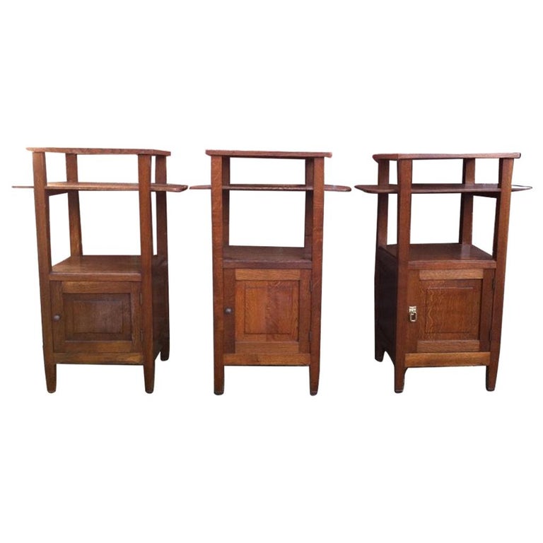 Three Arts & Crafts Oak Bedside Cabinets with Marble Tops and Extending Shelves For Sale