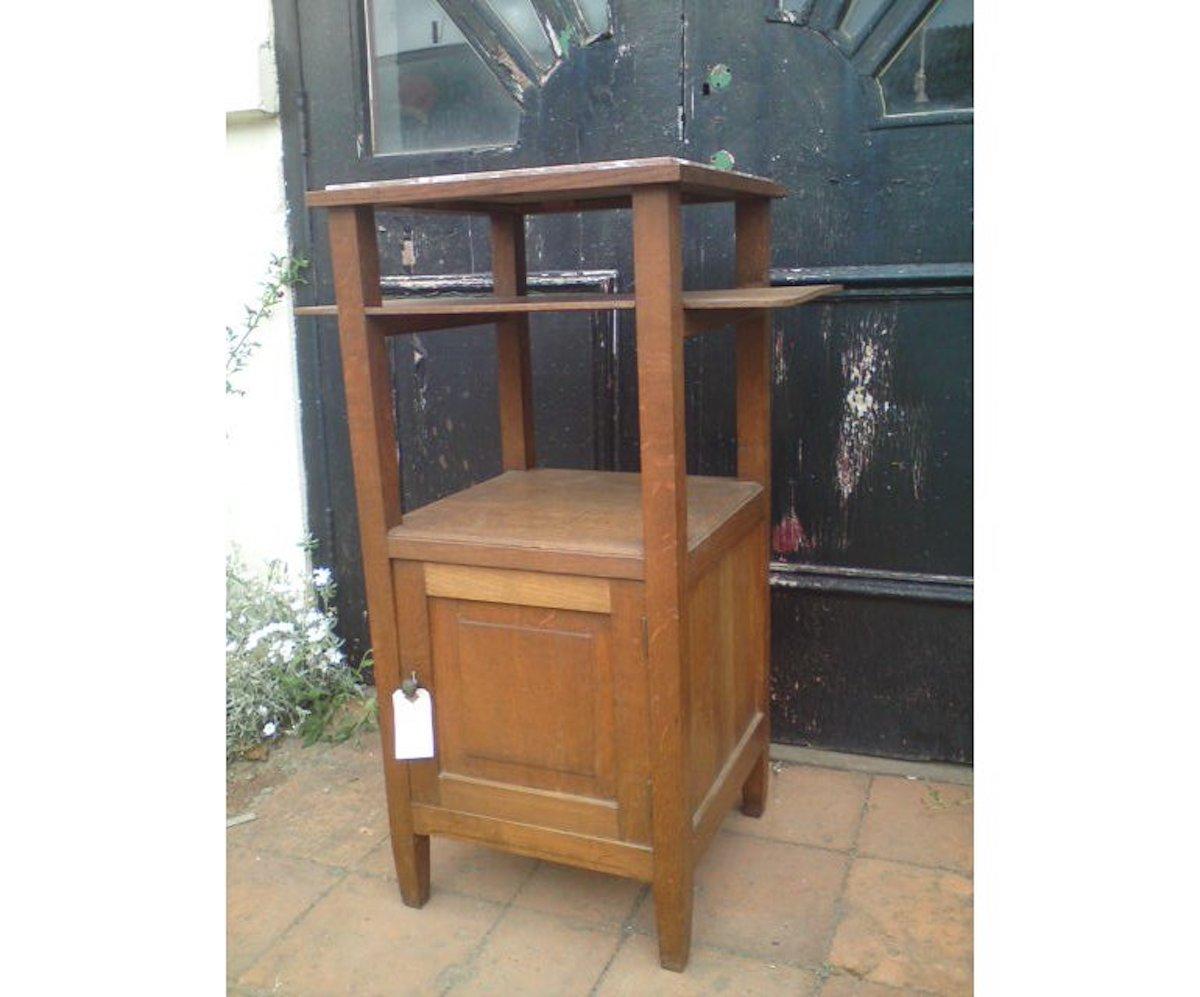 French Three Arts & Crafts Oak Bedside Cabinets with Marble Tops and Extending Shelves. For Sale