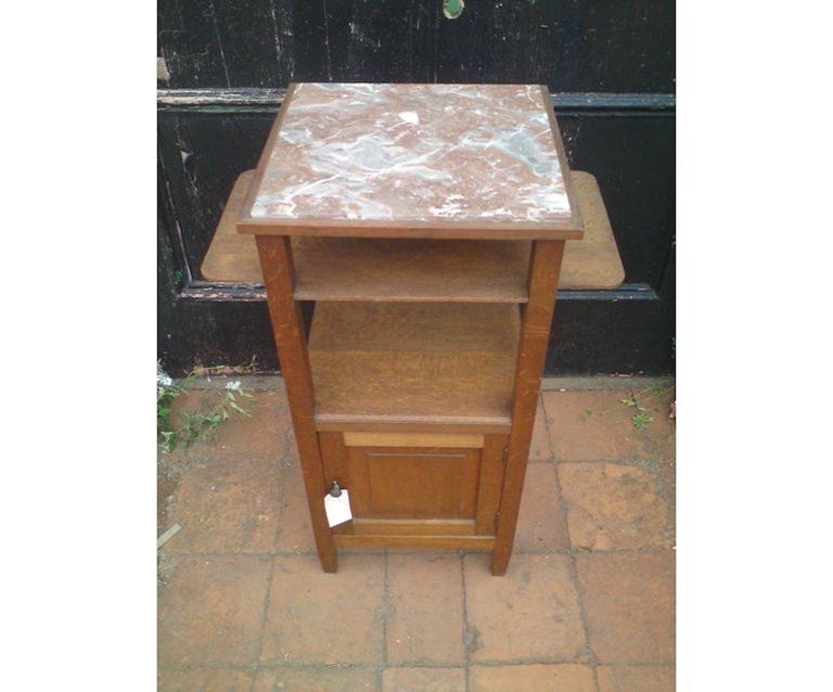 Hand-Crafted Three Arts & Crafts Oak Bedside Cabinets with Marble Tops and Extending Shelves For Sale
