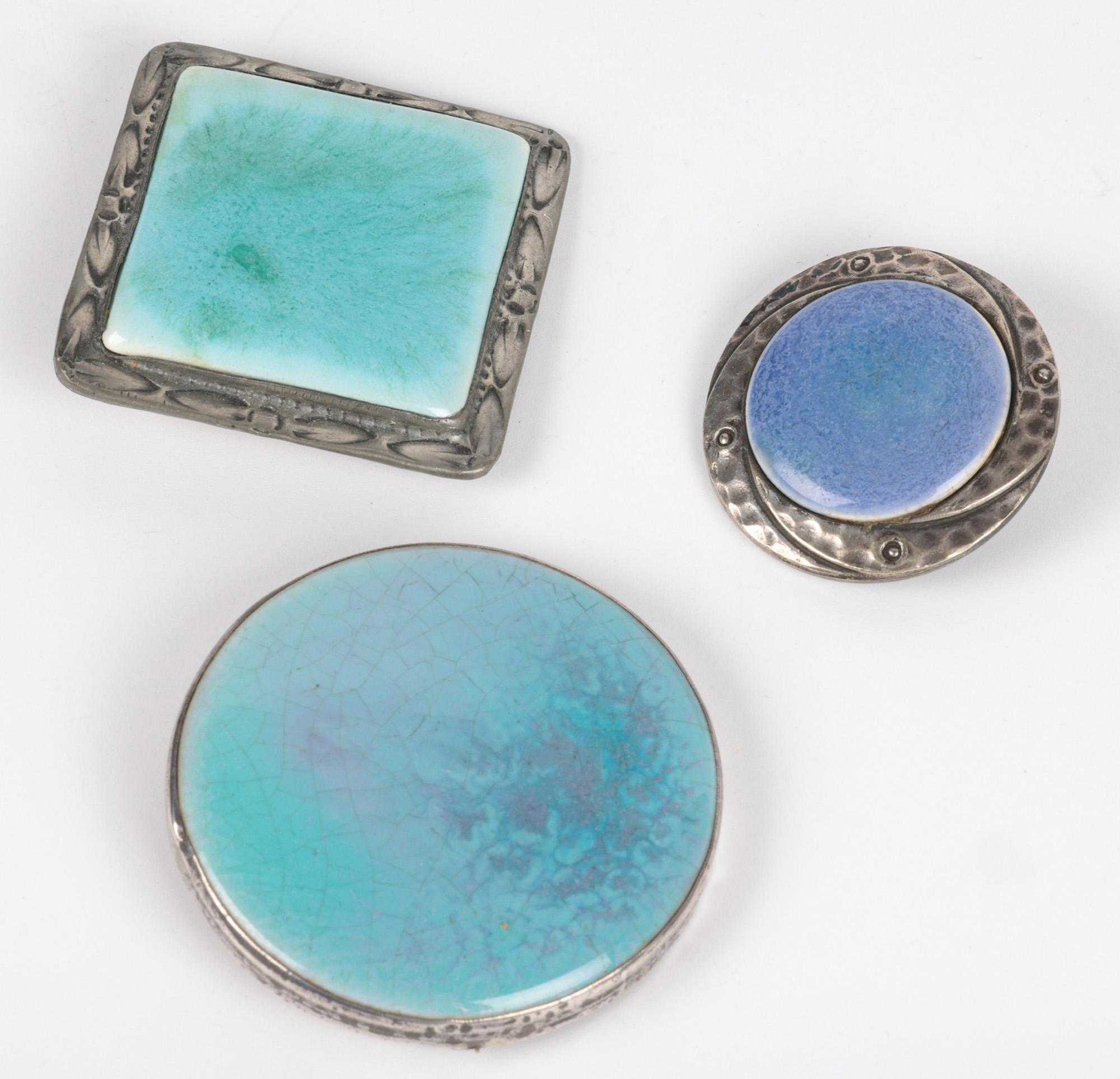 Glazed Three Arts & Crafts Ruskin Mounted Brooches For Sale