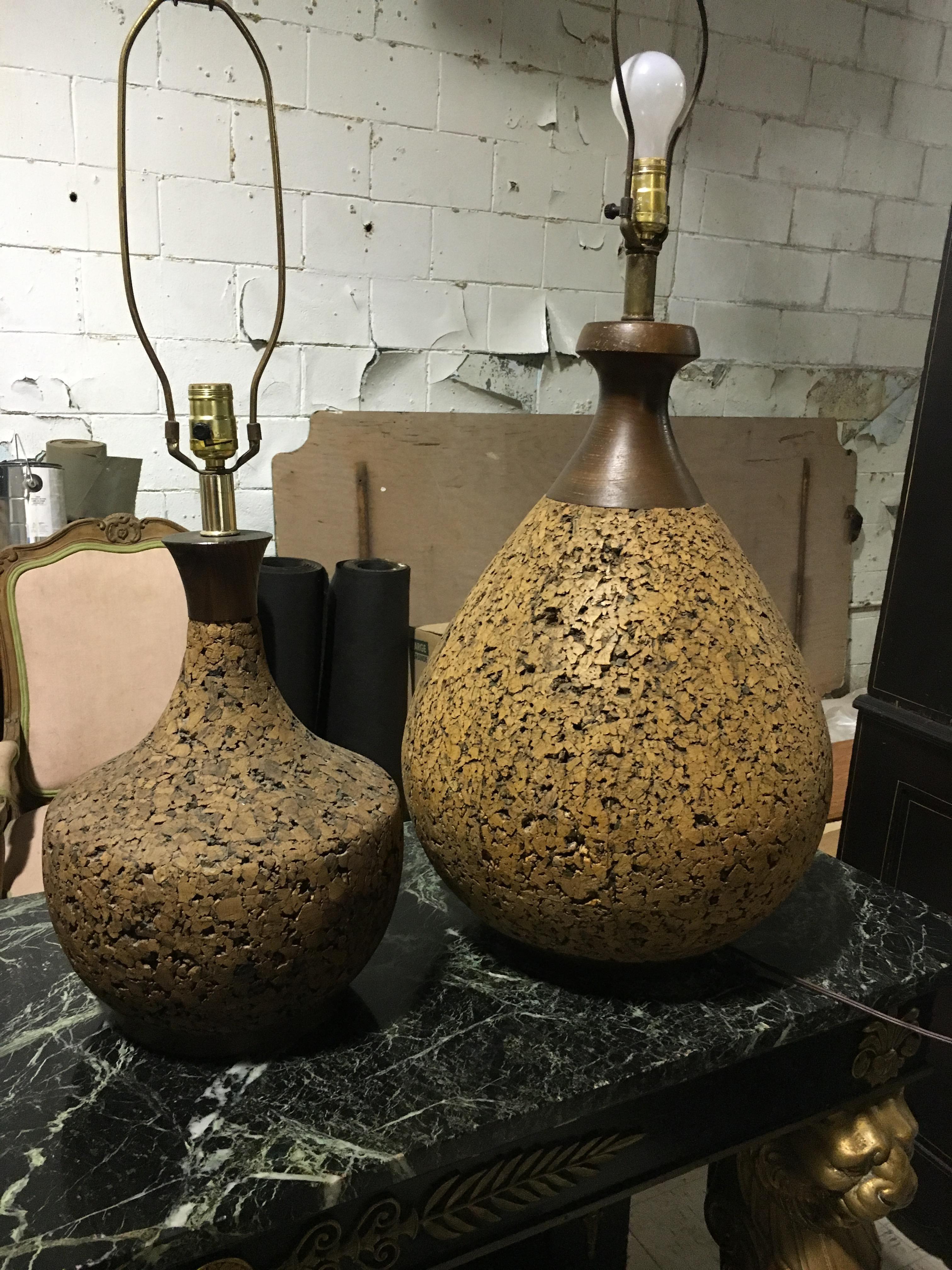 American Three Assorted Midcentury Cork Lamps Of Various Size And Form. For Sale