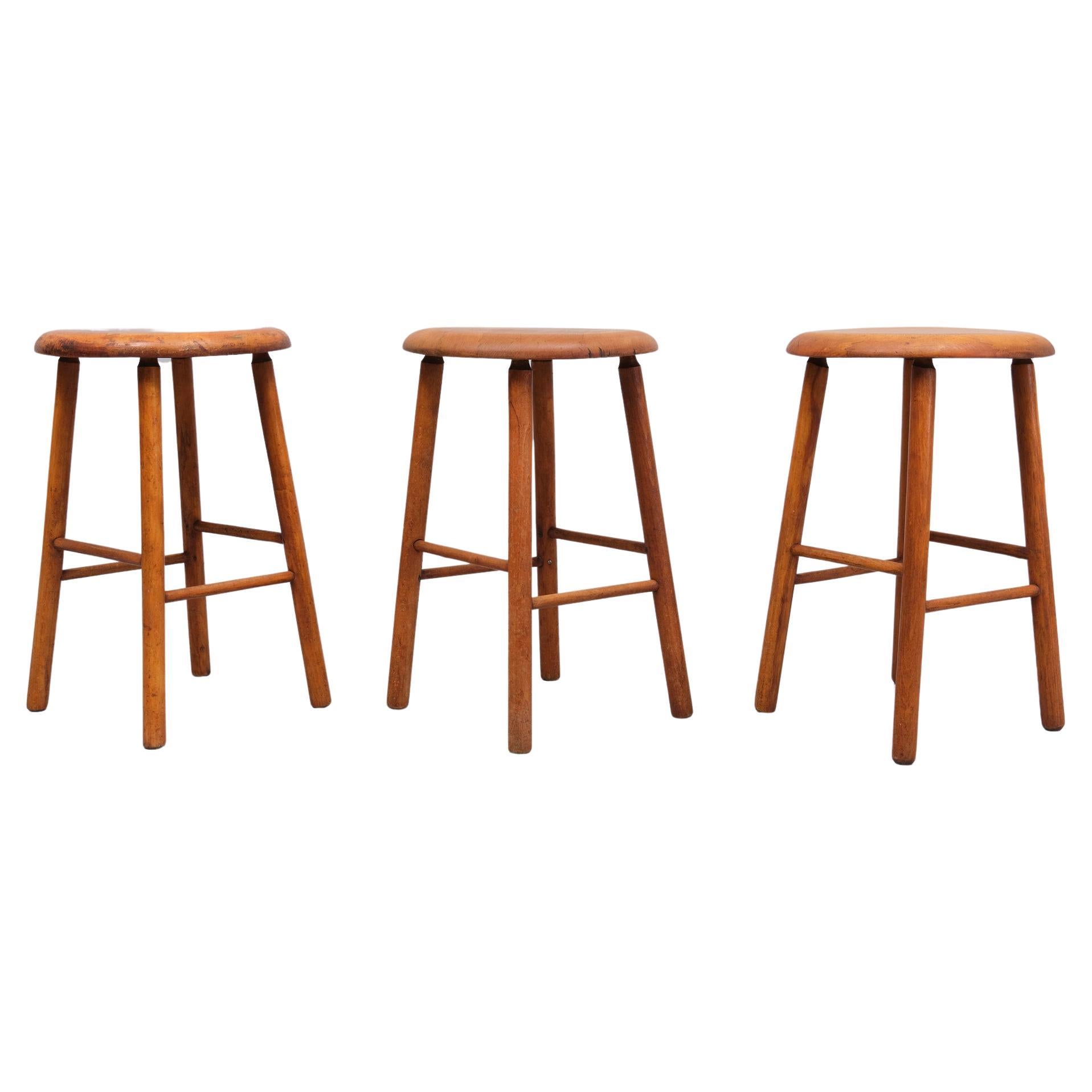 Rustic Three authentic wooden stools  1950s Holland  For Sale
