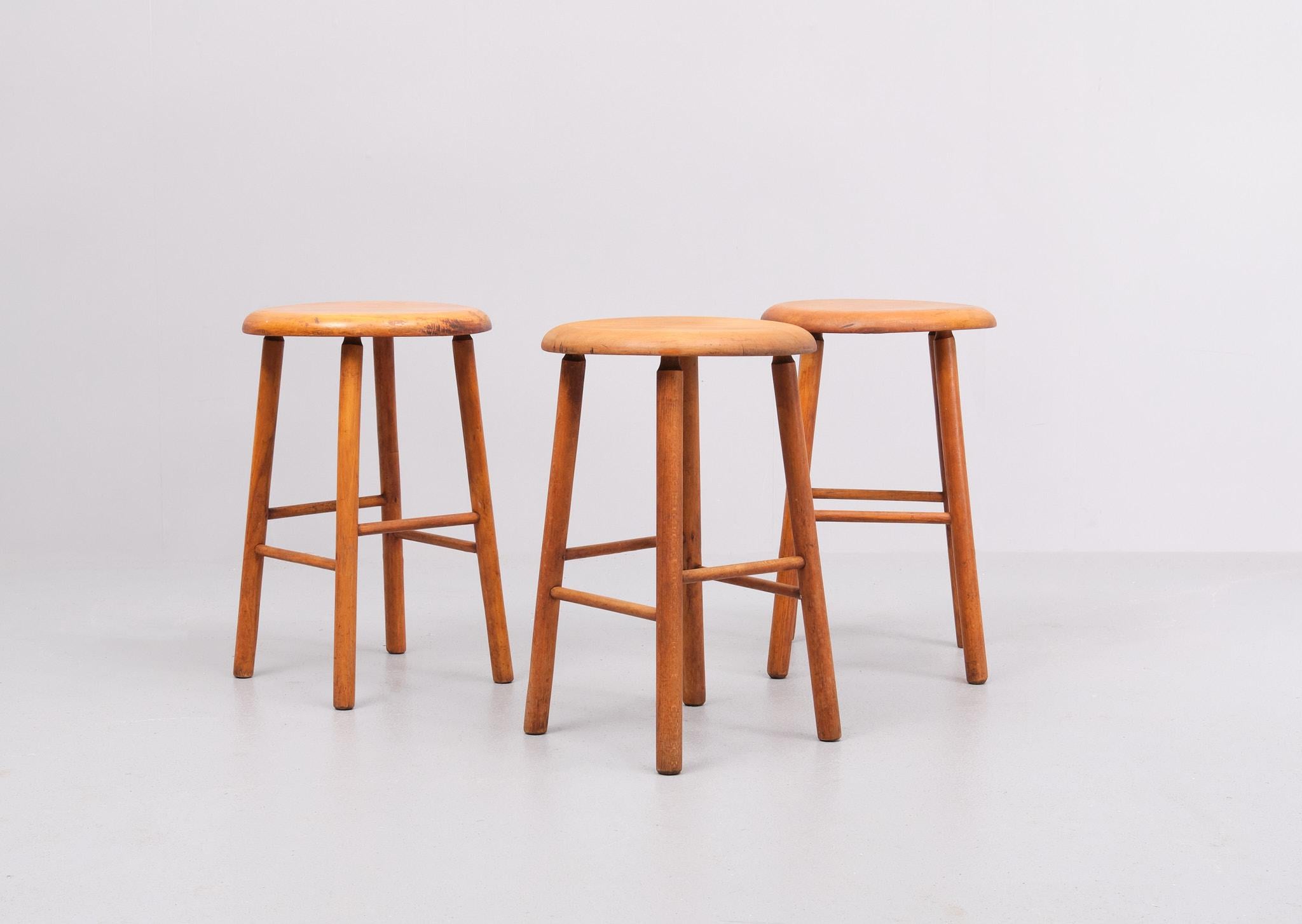 Dutch Three authentic wooden stools  1950s Holland  For Sale