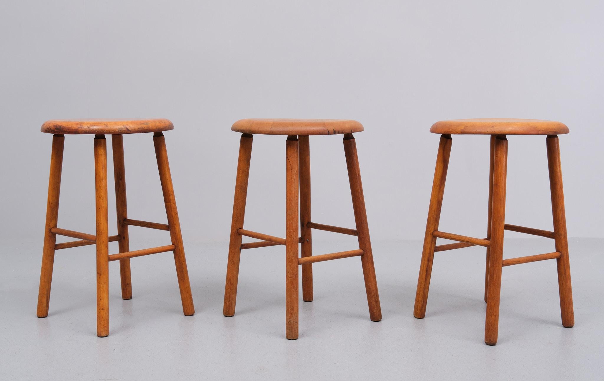 Beech Three authentic wooden stools  1950s Holland  For Sale