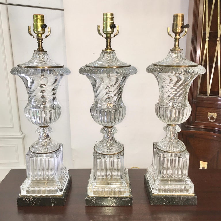 3 Baccarat Style VaseForm Swirled Crystal Lamps by Paul Hanson For