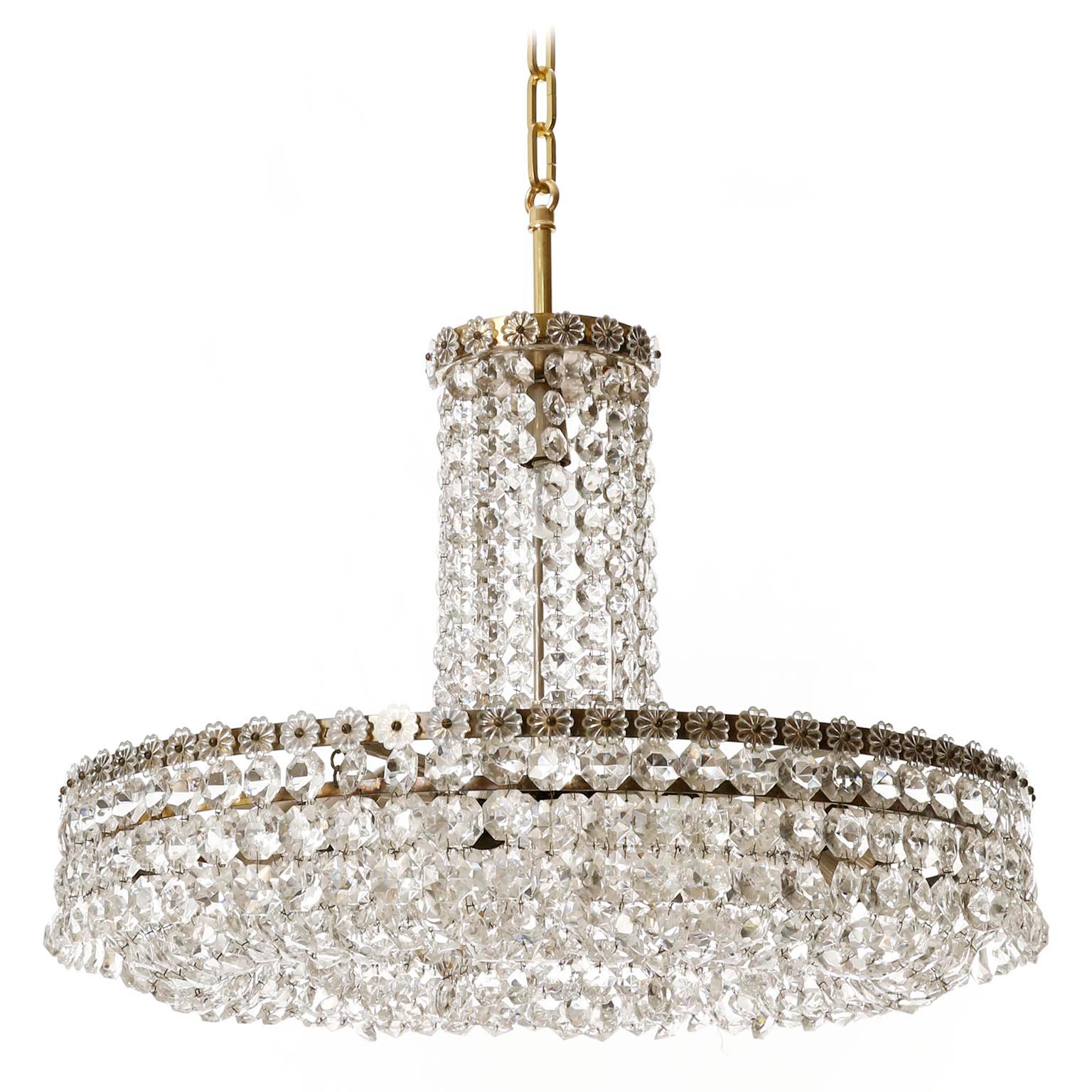 Crystal 1 of 3 Bakalowits Chandeliers Pendant Lights No. 3330, Brass Nickel Glass, 1960s For Sale