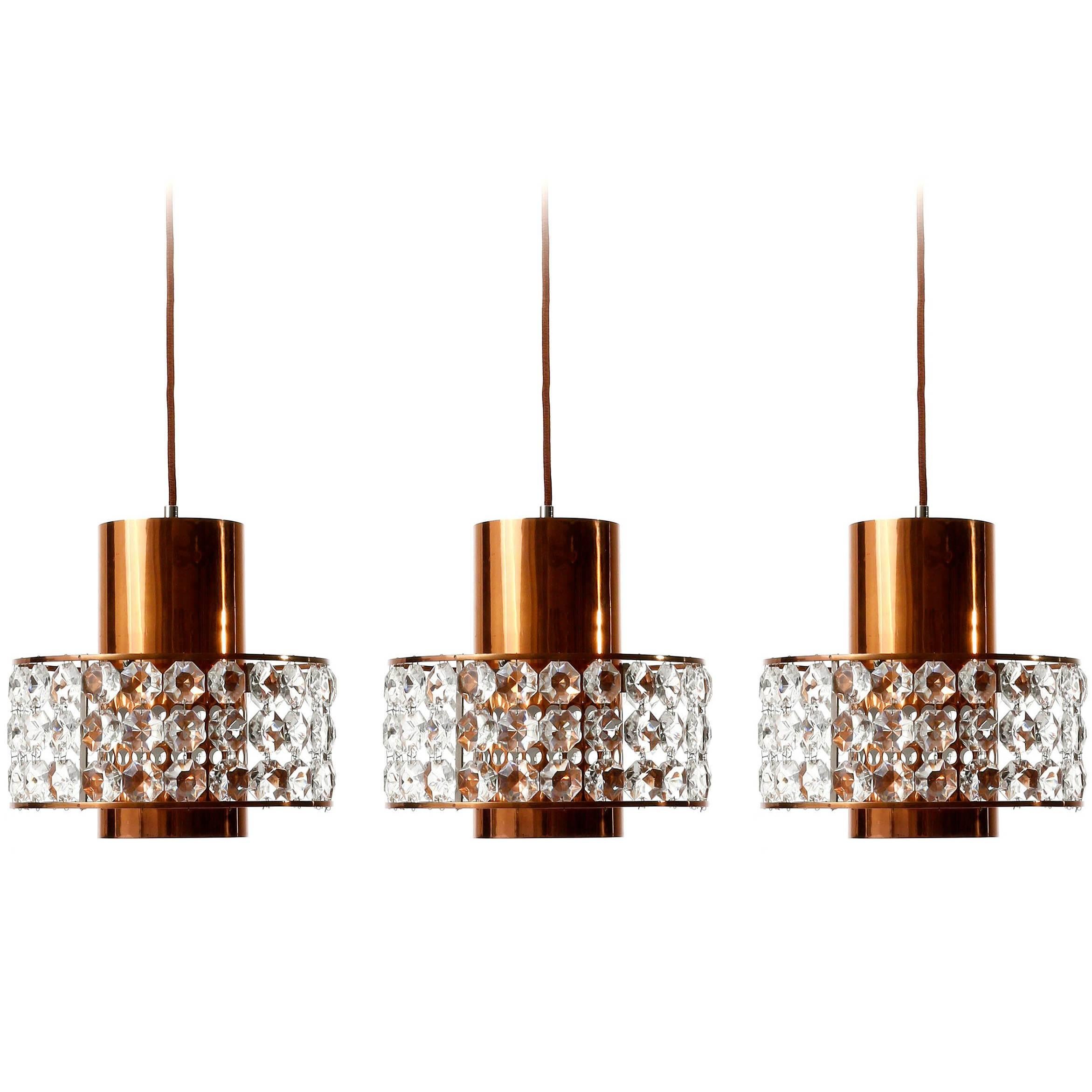 Three Bakalowits Pendant Lights Lanterns, Copper Nickel Crystal Glass, 1960s