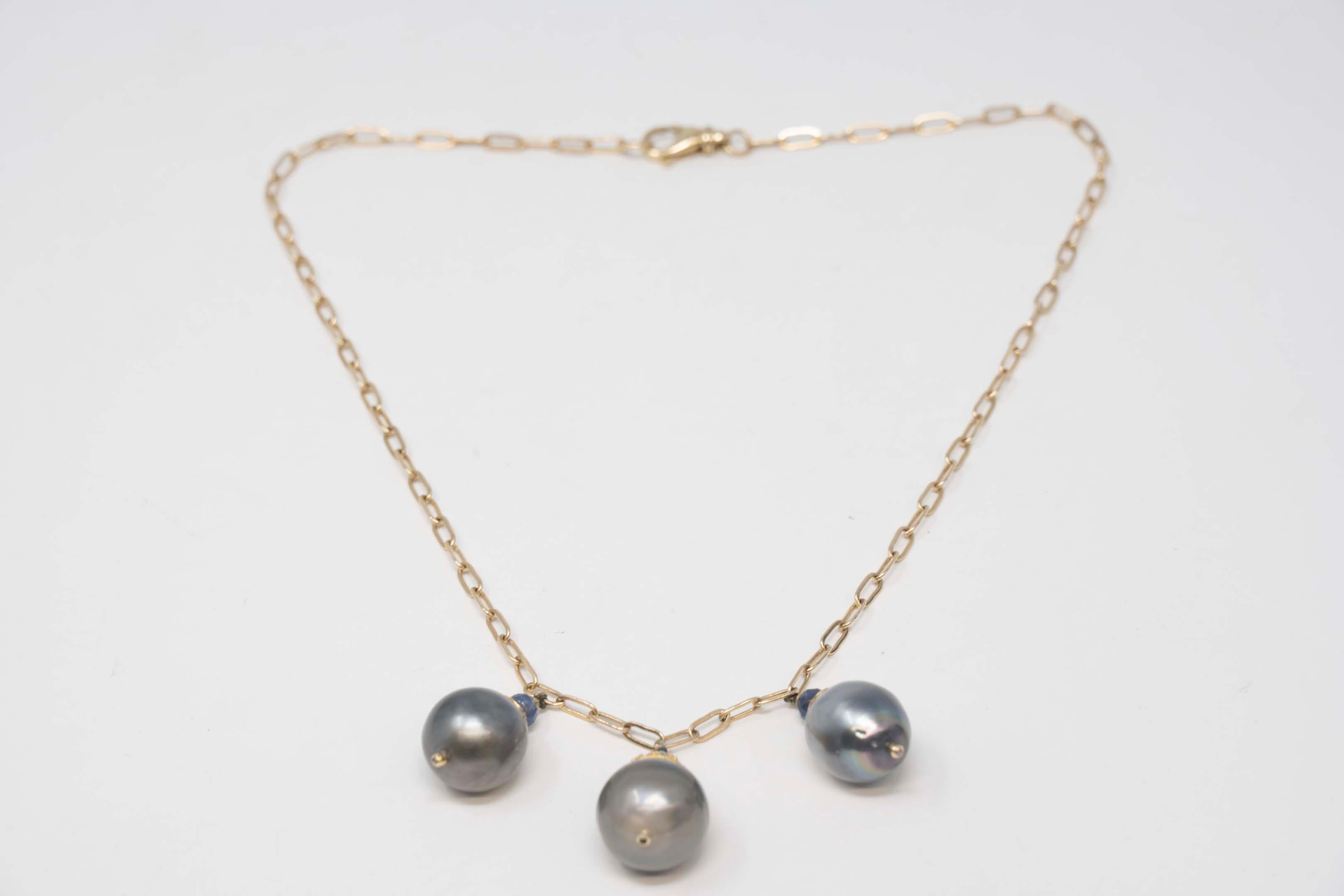 Uncut Three Baroque Cultured Tahiti Pearls & 14k Gold Necklace For Sale