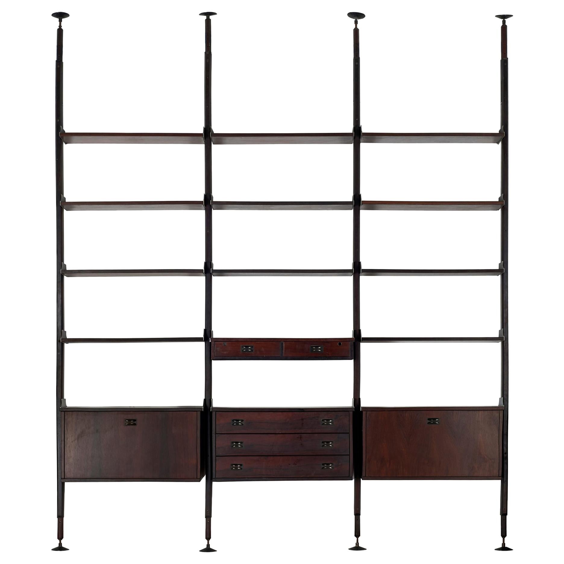Three Bay Wooden Bookcase Italian Design 1970s For Sale at 1stDibs