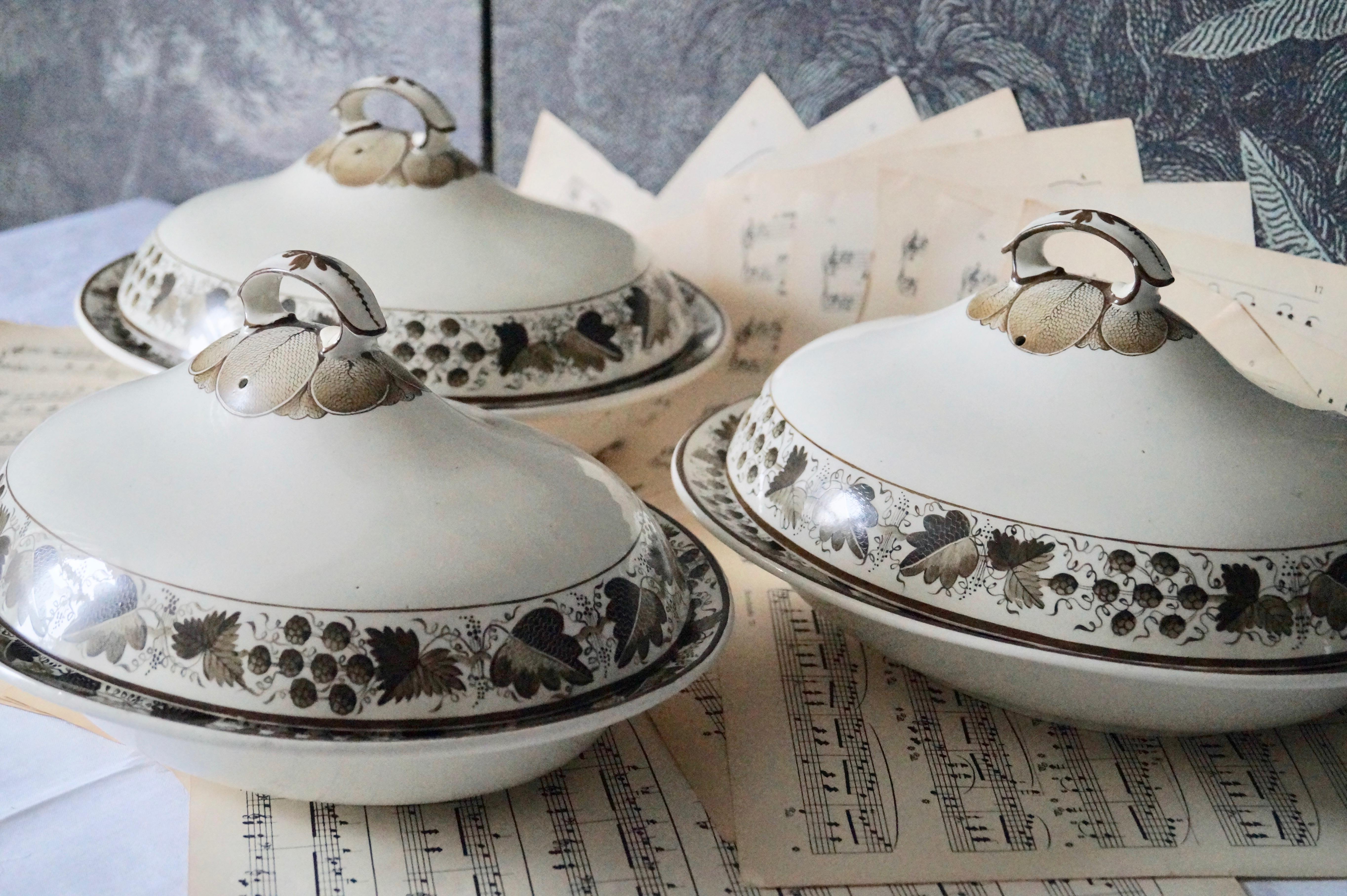English Three Beautiful Rare Antique Copeland Spode Creamware Vegetable Tureen with Lid For Sale