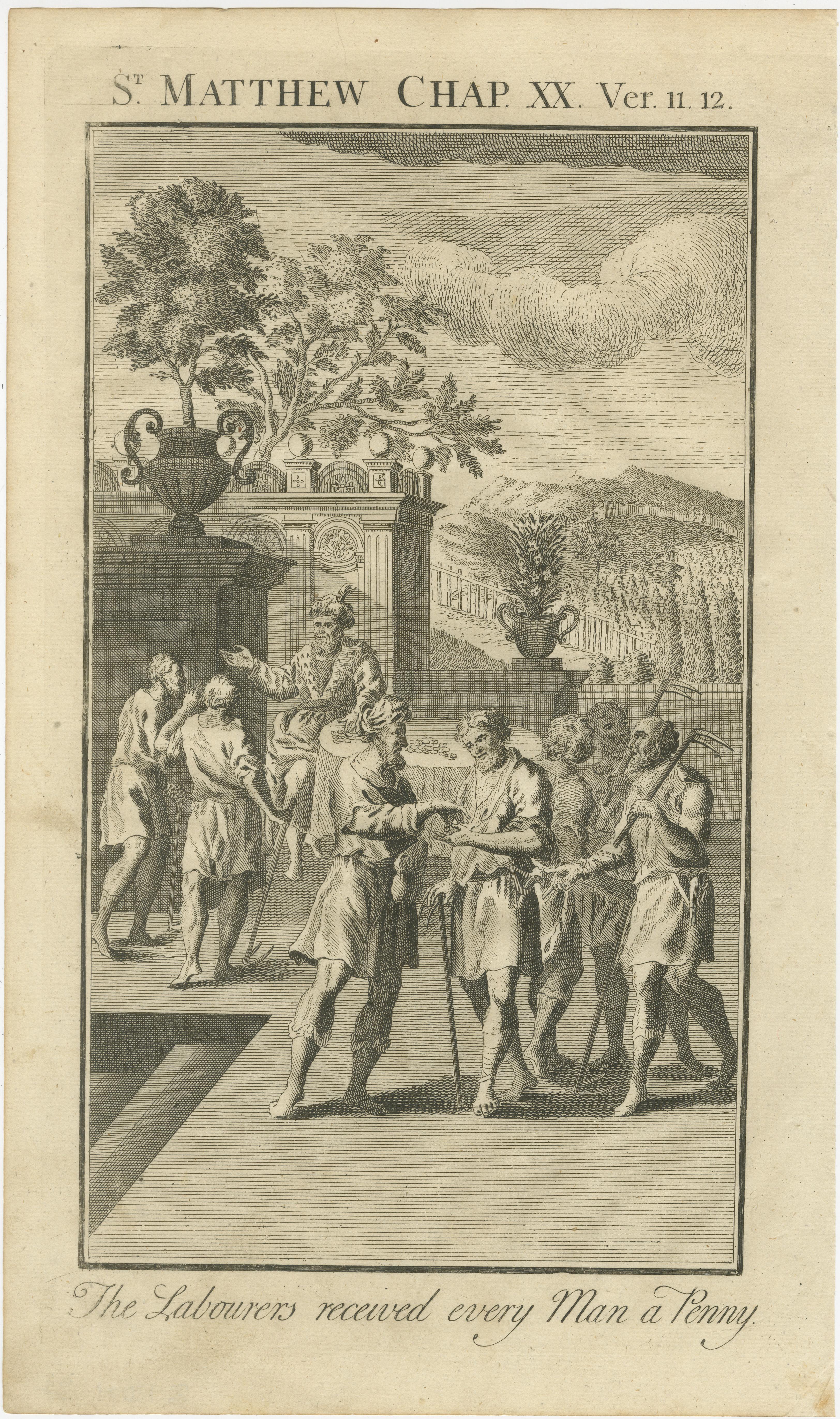 Set di 3 incisioni bibliche - L'entrata di Cristo, il processo e la parabola degli operai

Questa straordinaria serie di tre incisioni antiche illustra scene del Vangelo di Matteo e fu pubblicata nel 1735 con la tecnica dell'incisione su rame. Il