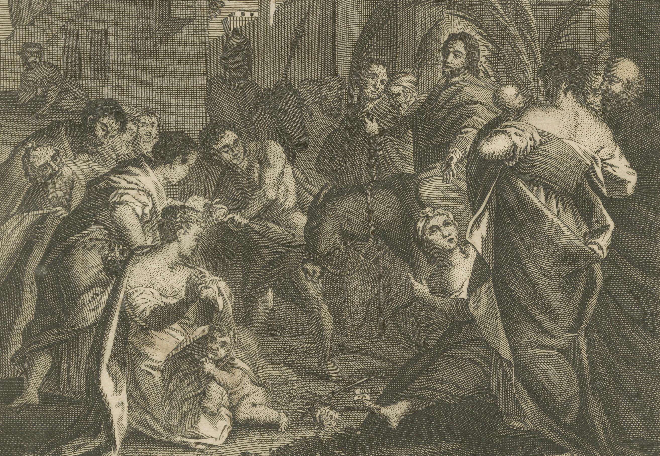 Carta Tre incisioni bibliche - Ingresso di Cristo, Processo e Parabola degli operai, 1735 ca. in vendita