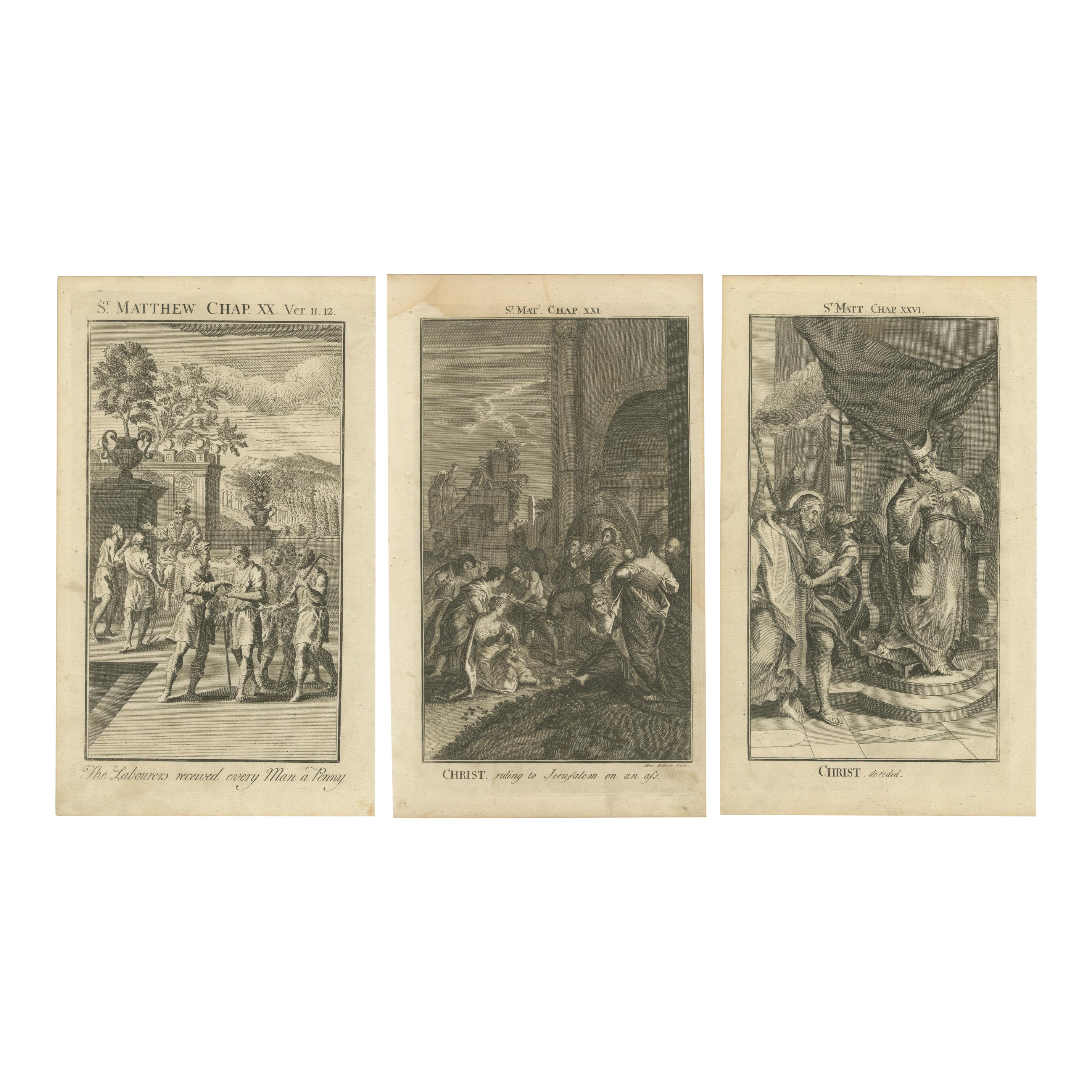 Trois gravures bibliques - L'entrée du Christ, le procès et la parabole des ouvriers, c.1735