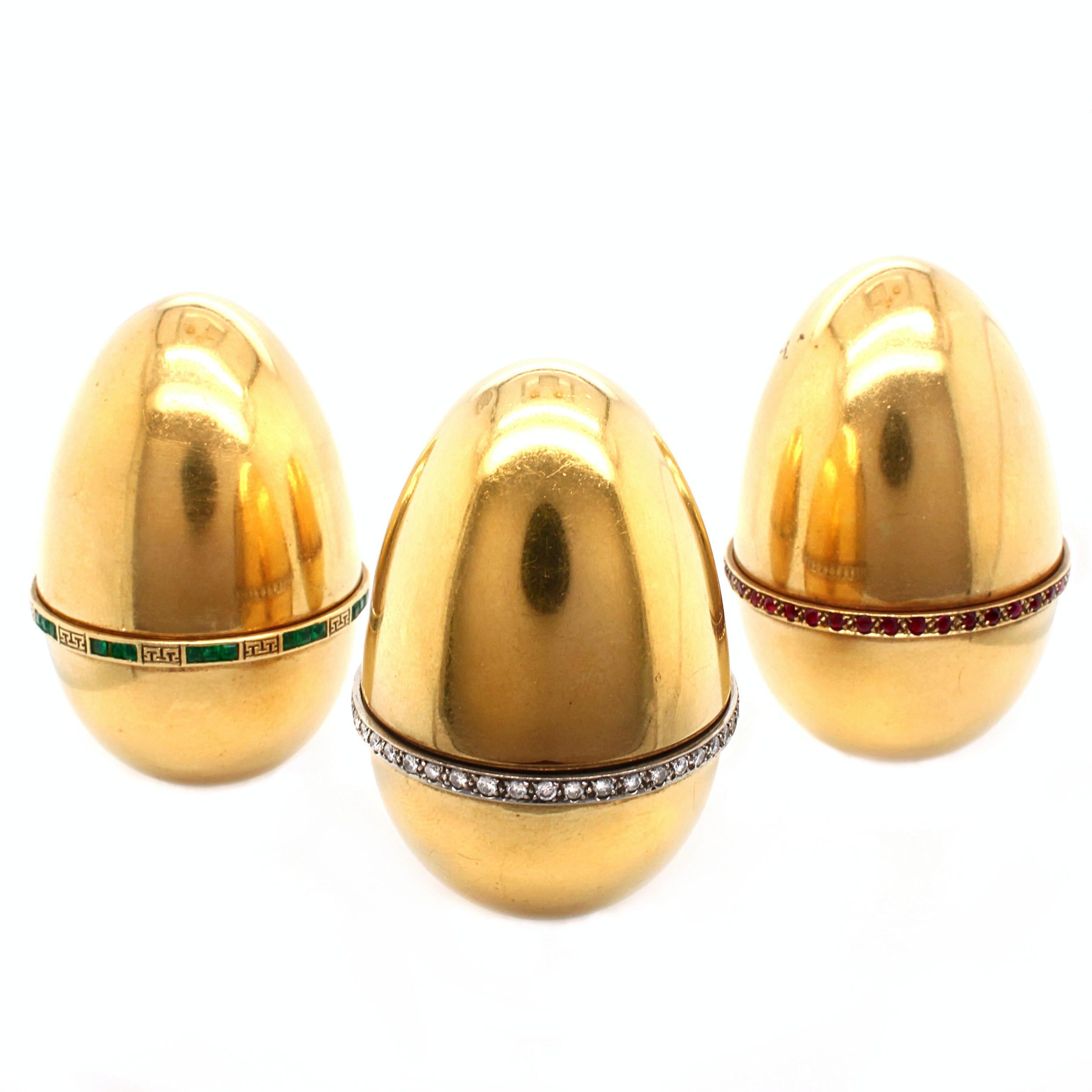 Brilliant Cut Three Big Golden Eggs with Diamonds Emeralds and Rubies in 18K yellow gold For Sale