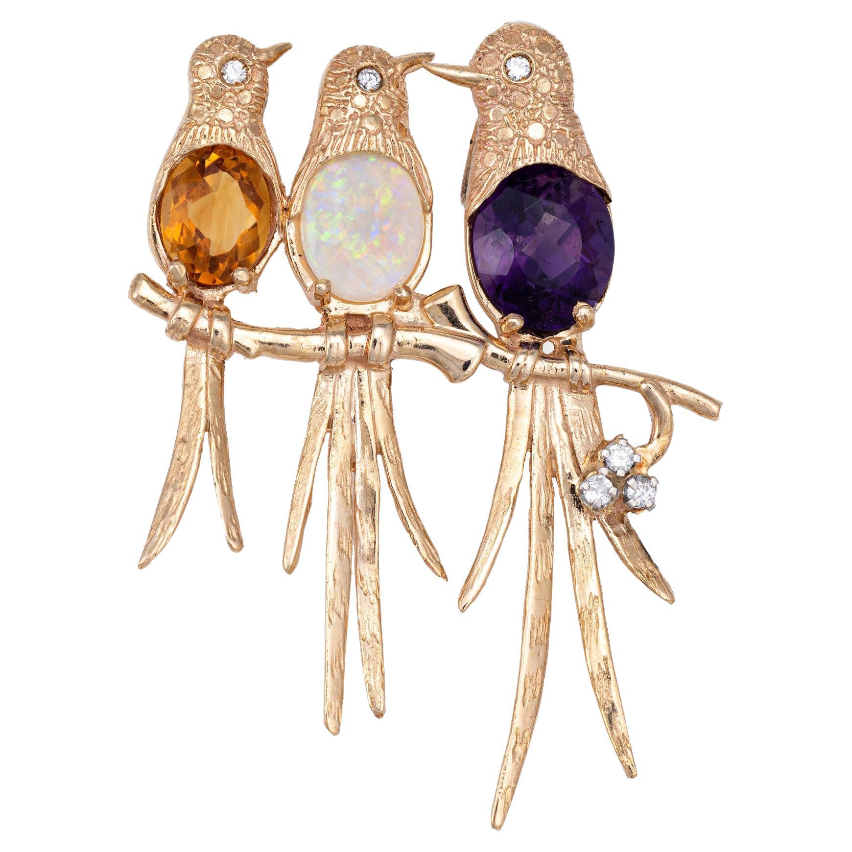 Three Birds on a Branch Pendant Vintage 14k Yellow Gold Amethyst Opal Jewelry For Sale