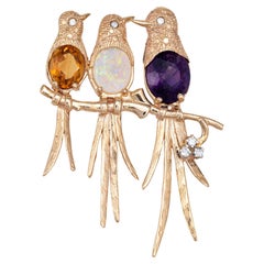 Three Birds on a Branch Pendant Vintage 14k Yellow Gold Amethyst Opal Jewelry