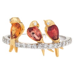 Three Birds on a Branch Ring Sapphire Diamond Estate 18K White Gold Jewelry
