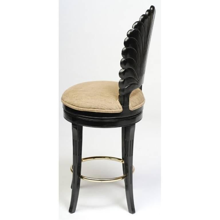 Mid-20th Century Three Black Lacquered Italian Venetian Grotto Shell Back Swivel Bar Stools