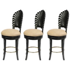 Three Black Lacquered Italian Venetian Grotto Shell Back Swivel Bar Stools