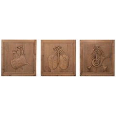 Antique Three Bleached Oak Carved Wooden Panels