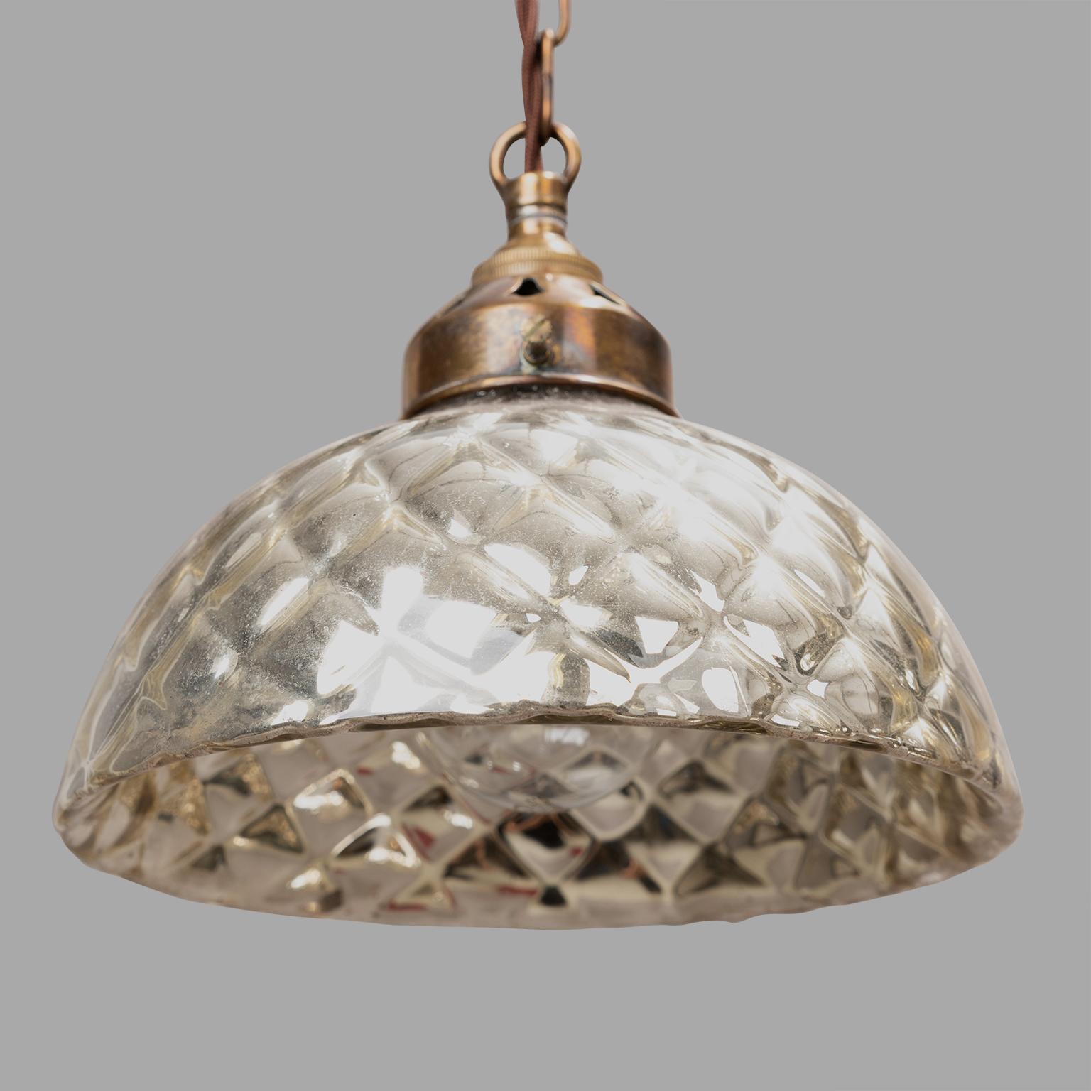 French Three Blown Silver Mercury Quilted Glass Pendants, circa 1920