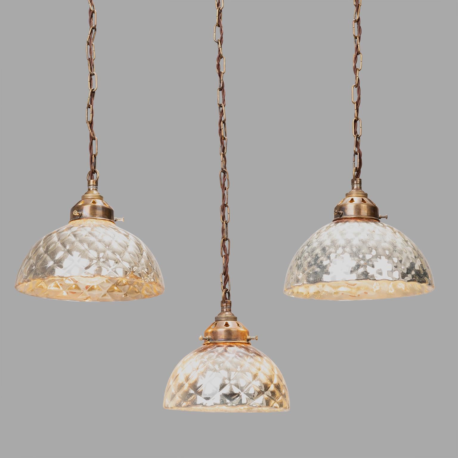 Three Blown Silver Mercury Quilted Glass Pendants, circa 1920 In Good Condition In Saint-Ouen, FR