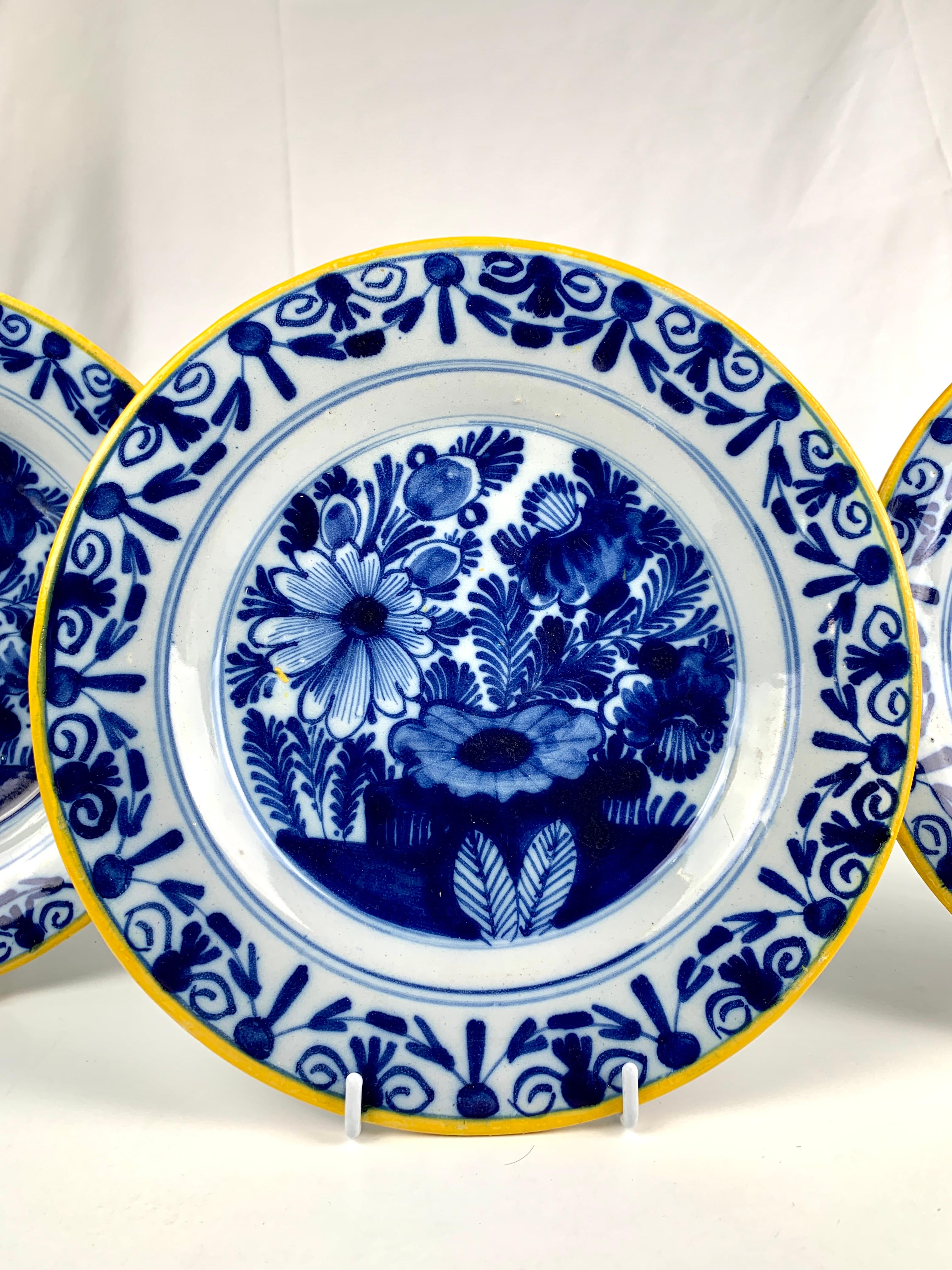 Dutch Three Blue and White Delft Plates Hand Painted 18th Century Netherlands