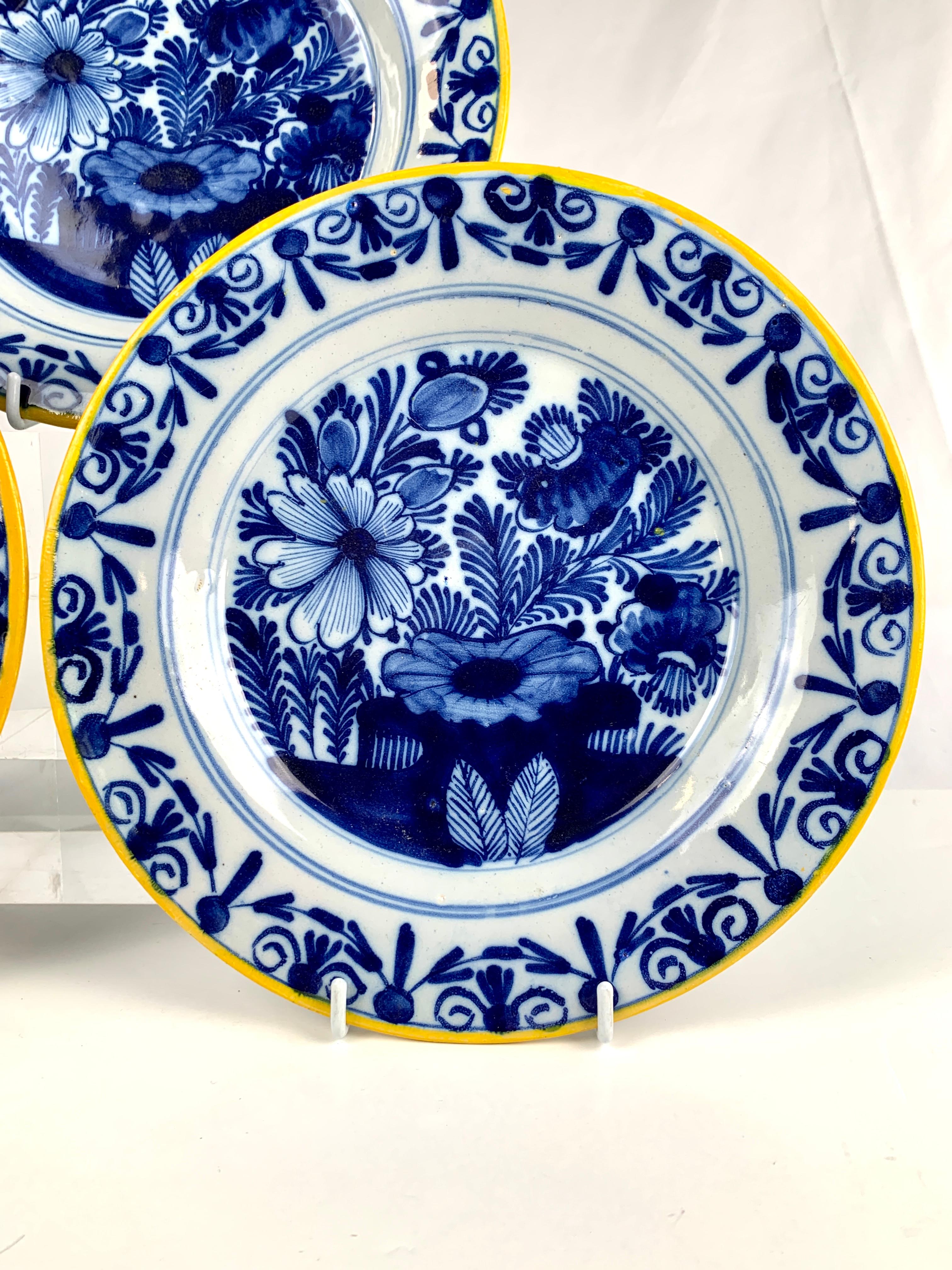 Hand-Painted Three Blue and White Delft Plates Hand Painted 18th Century Netherlands