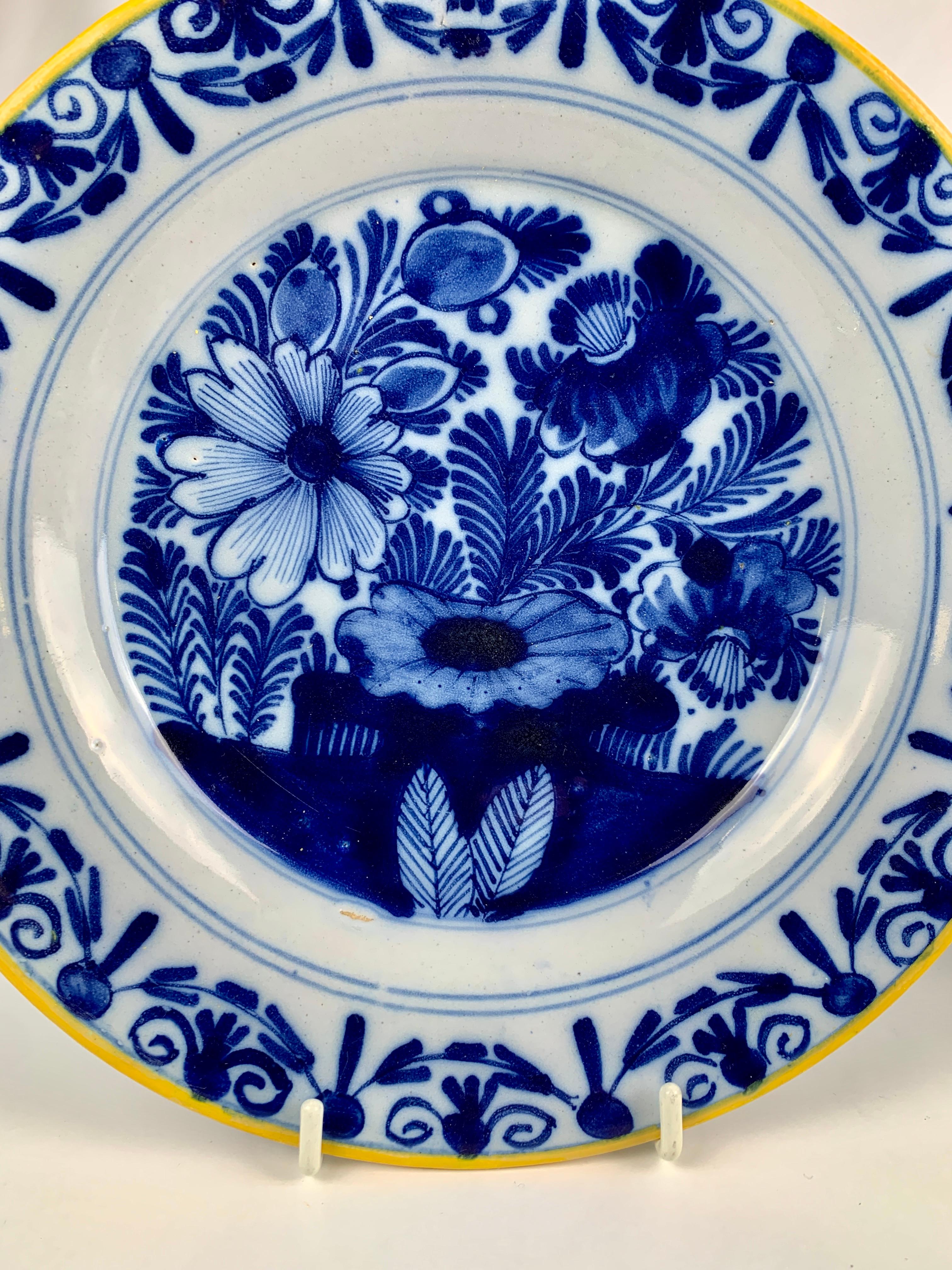 Three Blue and White Delft Plates Hand Painted 18th Century Netherlands In Excellent Condition In Katonah, NY