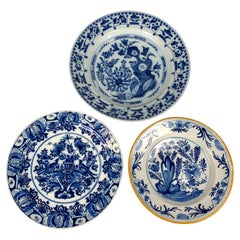 Three Blue and White Hand Painted Dutch Delft Plates