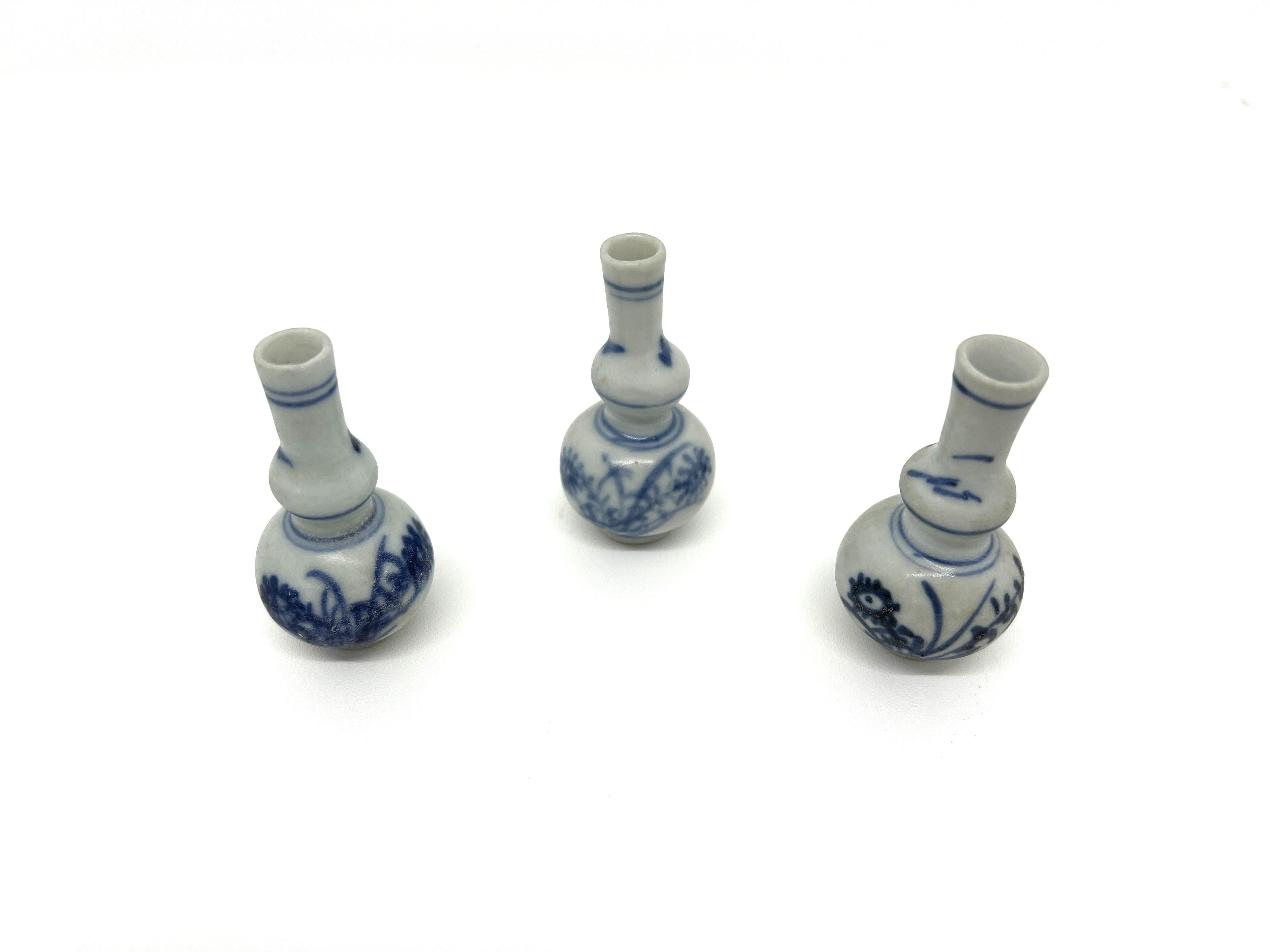Chinese Three Blue and White Miniature Vases, C 1725, Qing Dynasty, Yongzheng Era For Sale