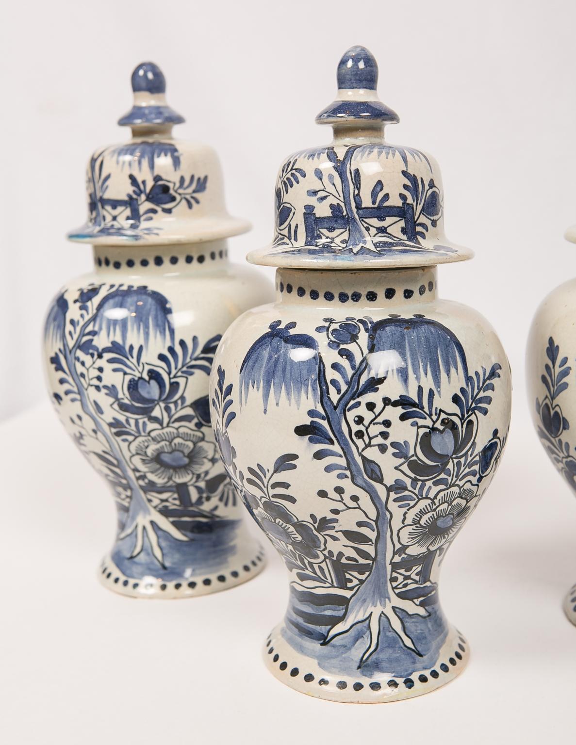 Chinoiserie Three Blue and White Pottery Delft Style Mantle Jars