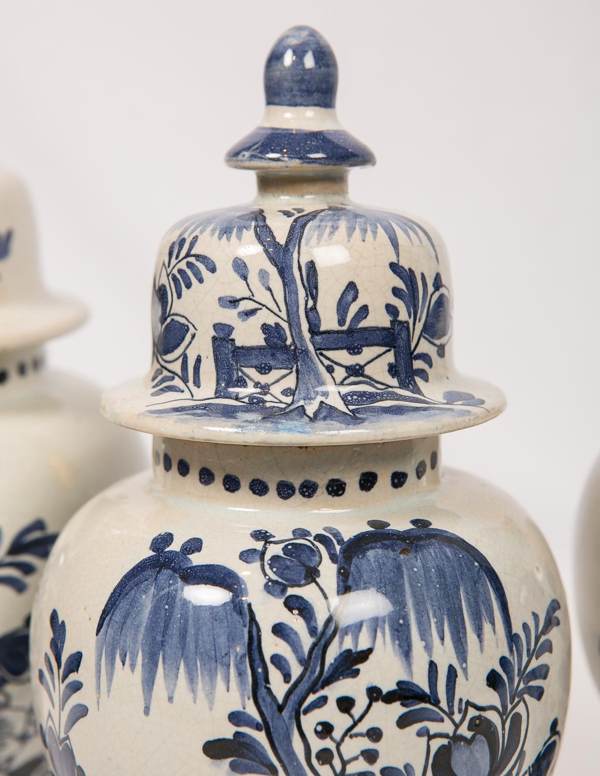 Three Blue and White Pottery Delft Style Mantle Jars In Excellent Condition In Katonah, NY