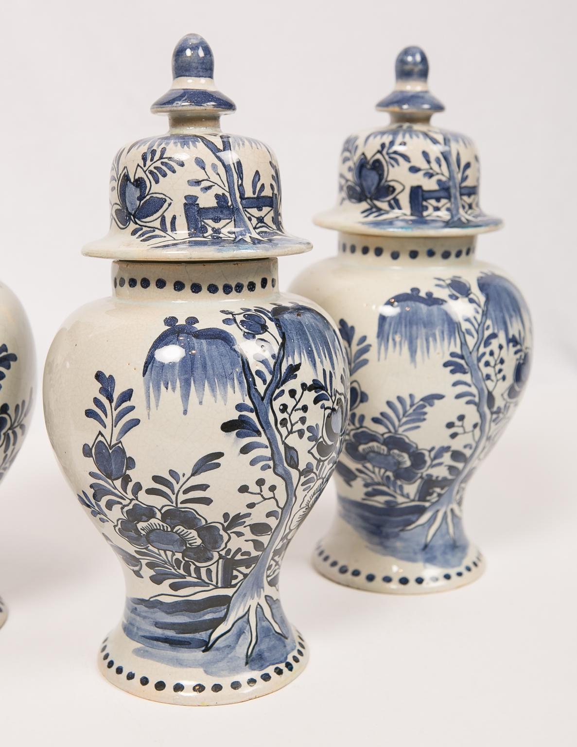 20th Century Three Blue and White Pottery Delft Style Mantle Jars
