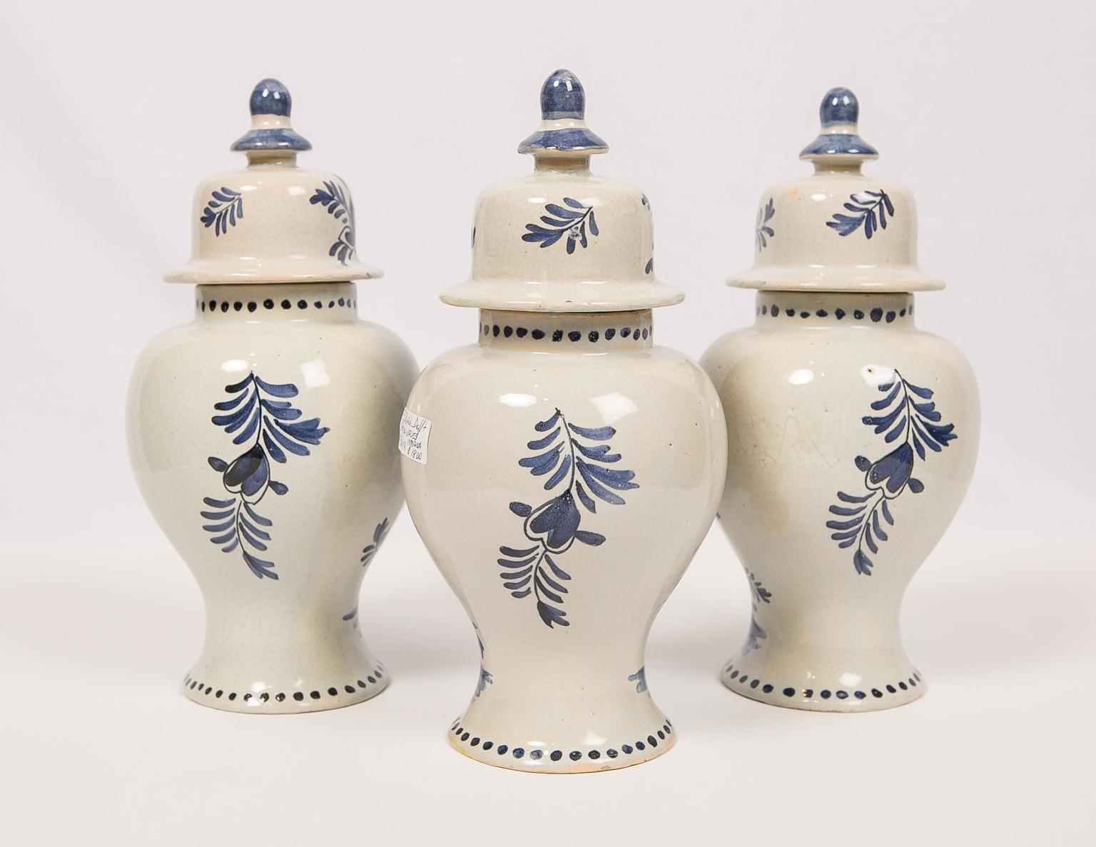 Three Blue and White Pottery Delft Style Mantle Jars 2