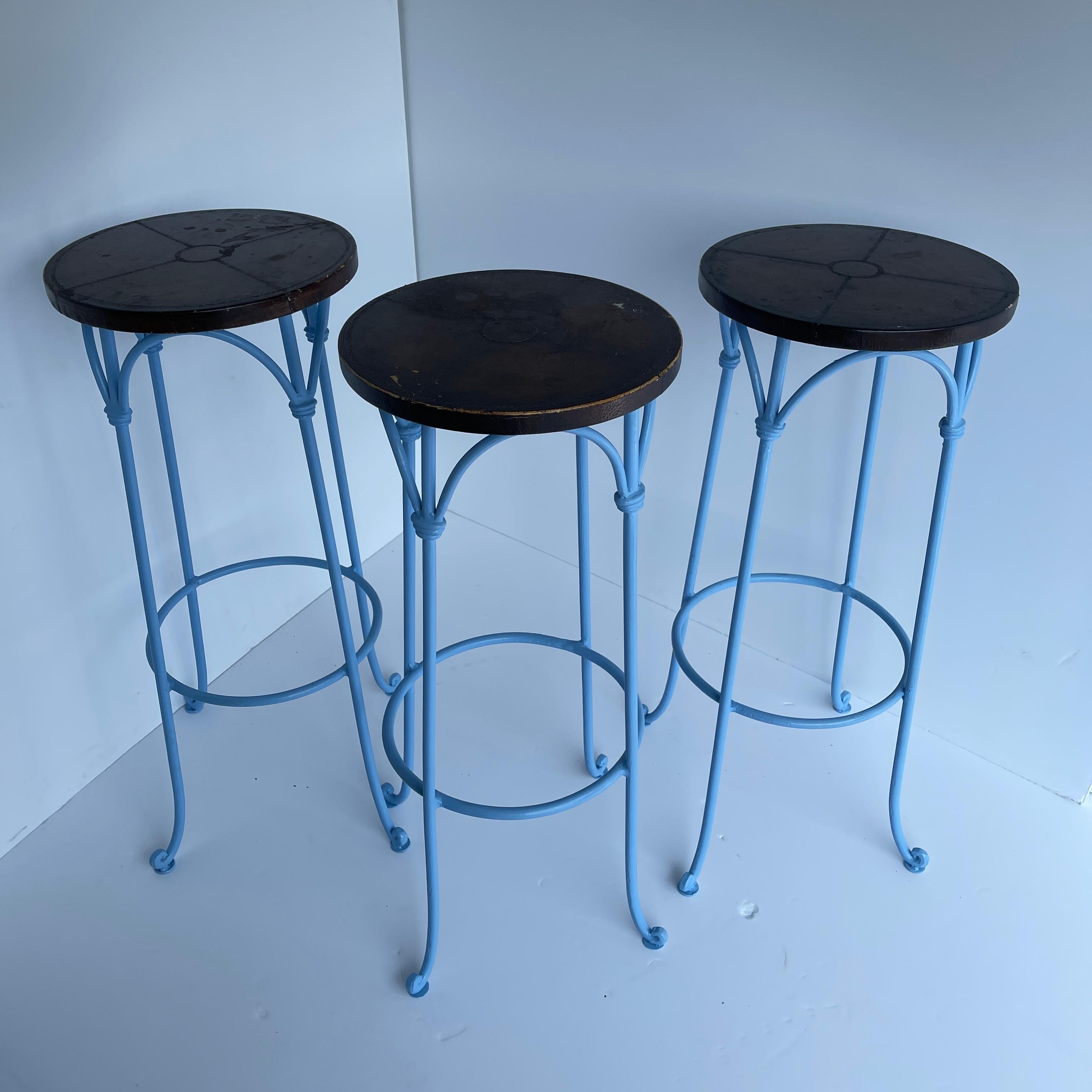 Modern Three Blue Barstools with Leather Seats, Legs Powder Coated For Sale