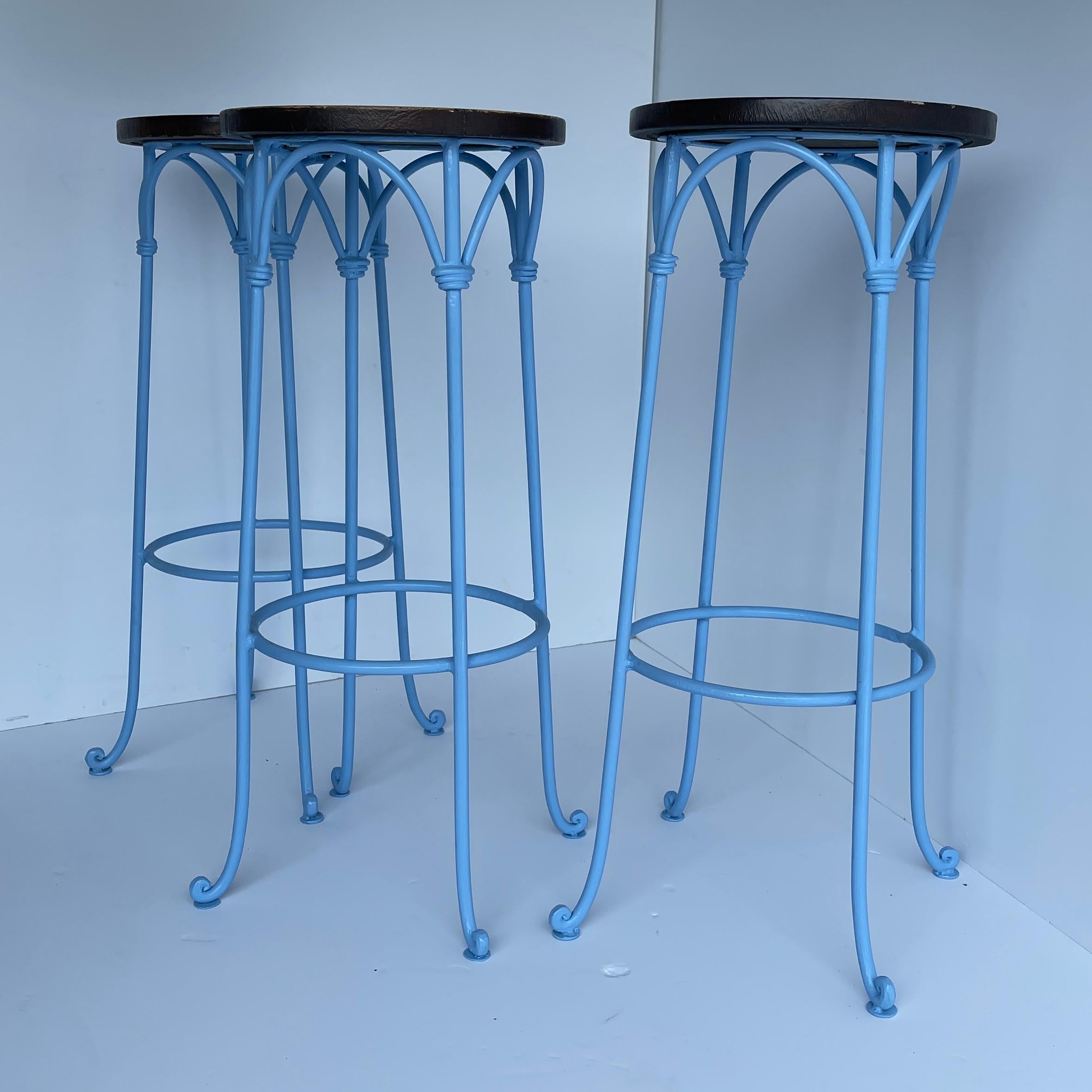 American Three Blue Barstools with Leather Seats, Legs Powder Coated For Sale