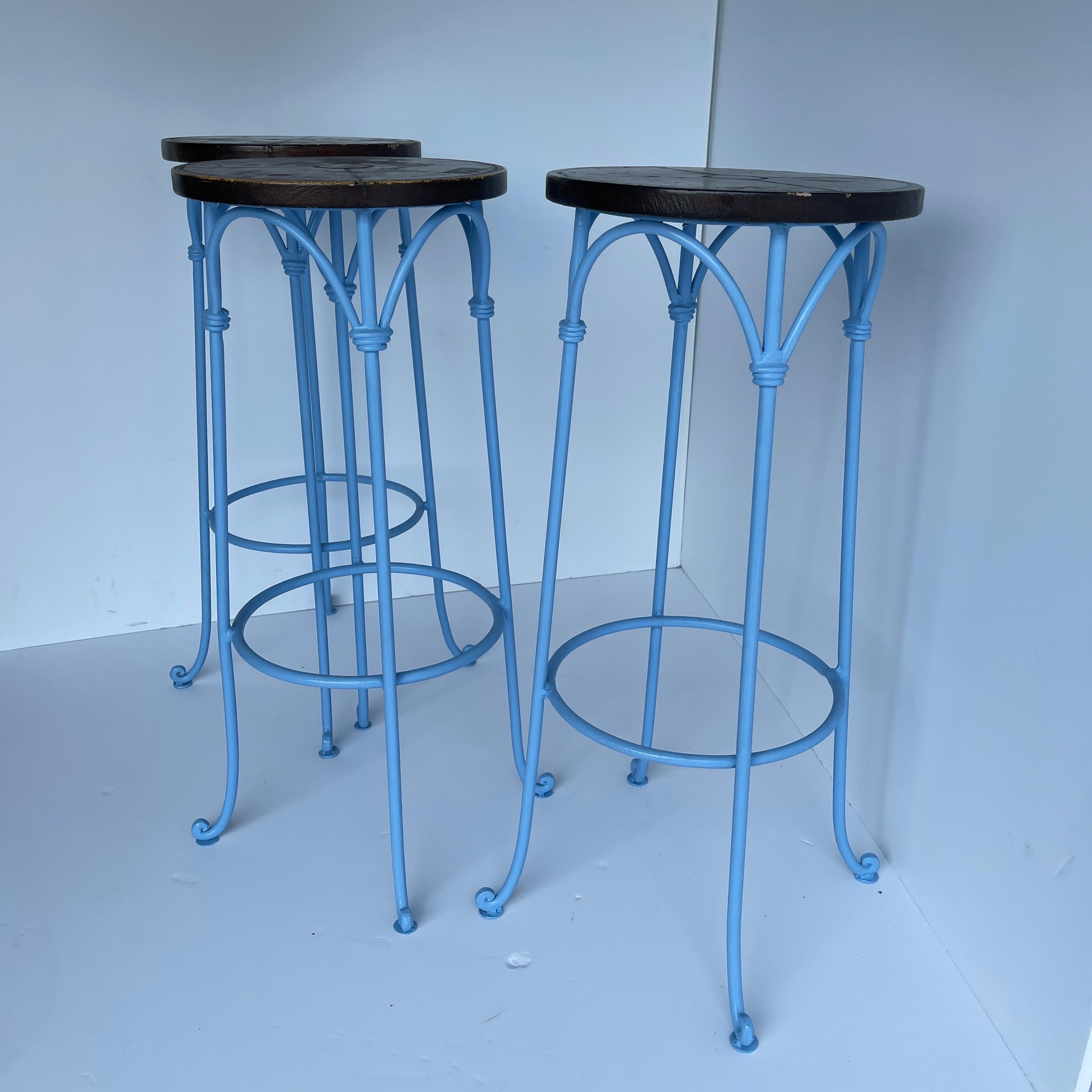 Powder-Coated Three Blue Barstools with Leather Seats, Legs Powder Coated For Sale