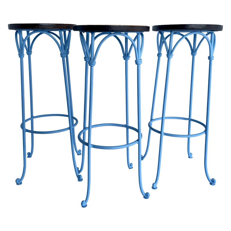 Three Blue Barstools with Leather Seats, Legs Powder Coated For Sale at 1stDibs blue leather