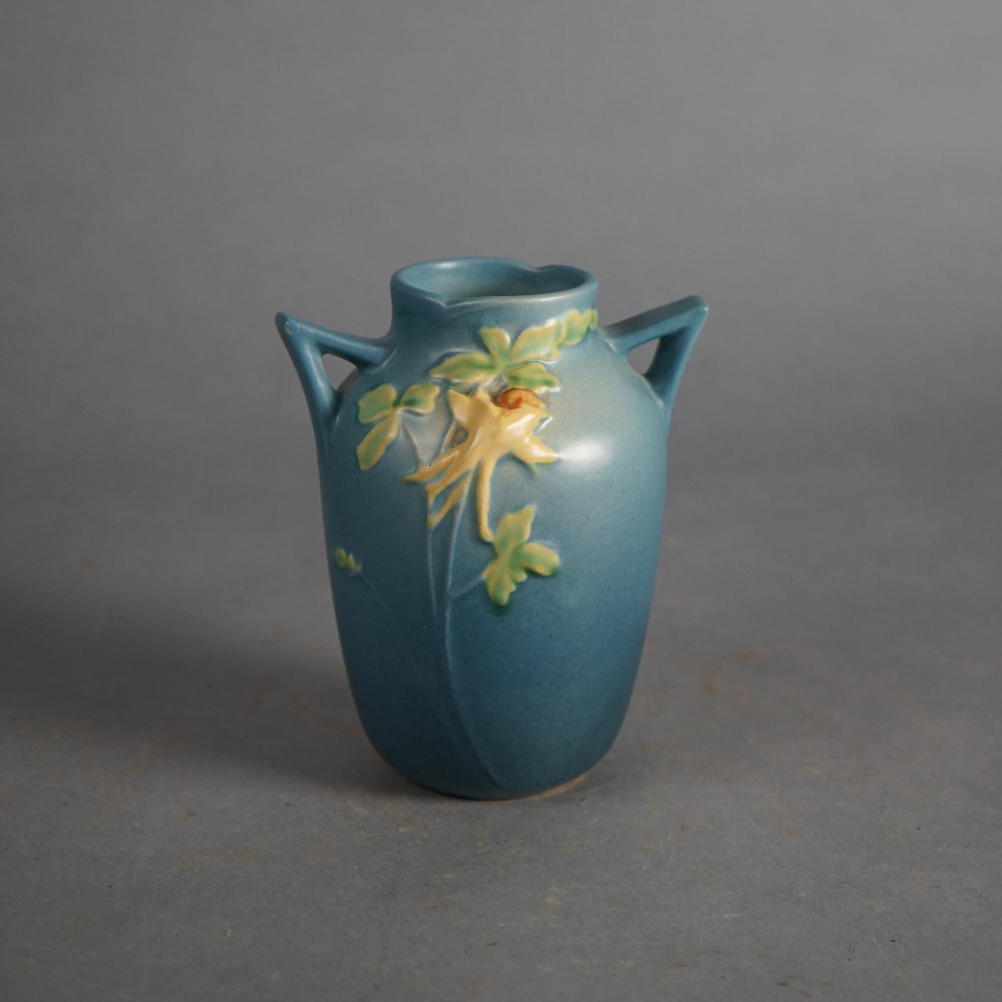 Three Blue Roseville Art Pottery Items with Columbine Pattern Mid 20thC In Good Condition In Big Flats, NY