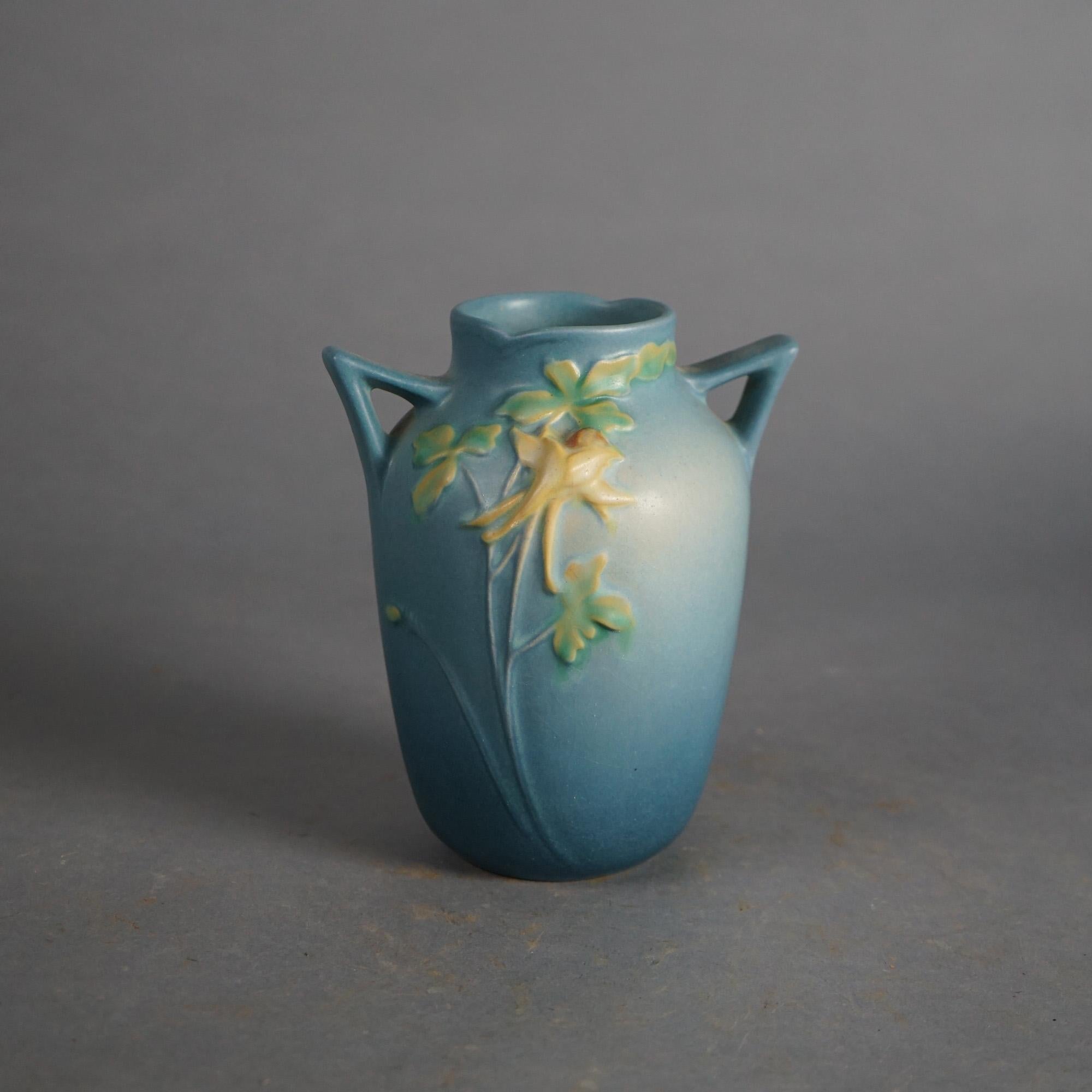 20th Century Three Blue Roseville Art Pottery Items with Columbine Pattern Mid 20thC