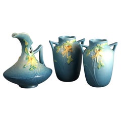 Three Blue Roseville Art Pottery Items with Columbine Pattern Mid 20thC