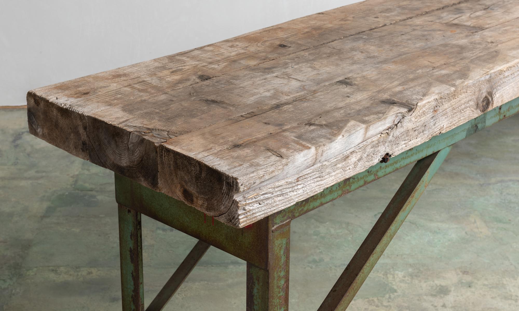 American Three-Board Slab Top Work Table on Metal Base, America, 20th Century