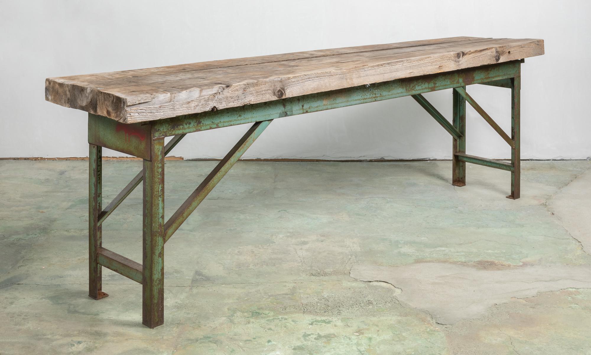 Painted Three-Board Slab Top Work Table on Metal Base, America, 20th Century