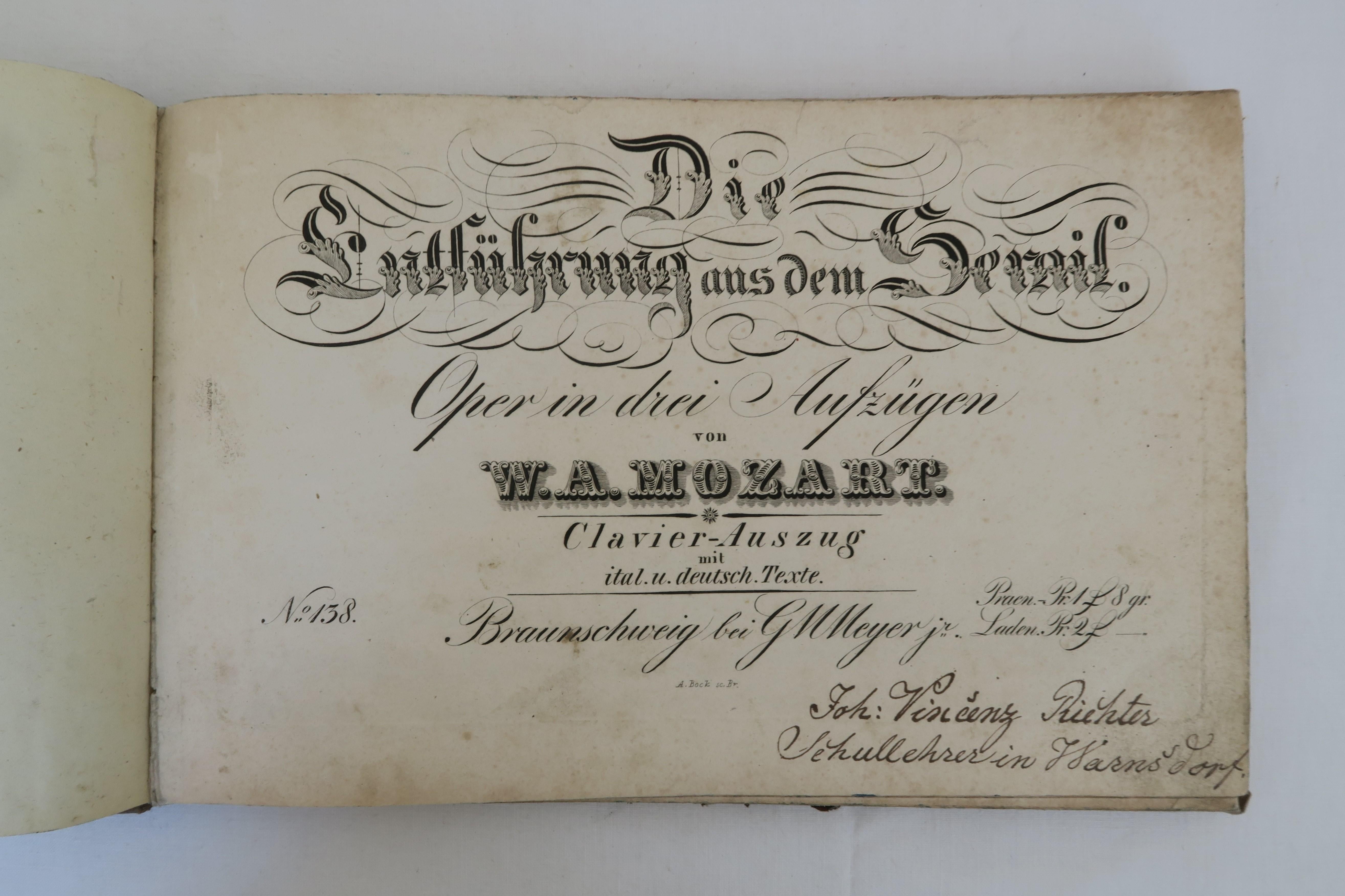 For sale are three piano arrangements by Wolfgang Amadeus Mozart. The sheet books were owned by Austrian teacher, conductor and organist Johann Vinzenz Richter. The pieces are 