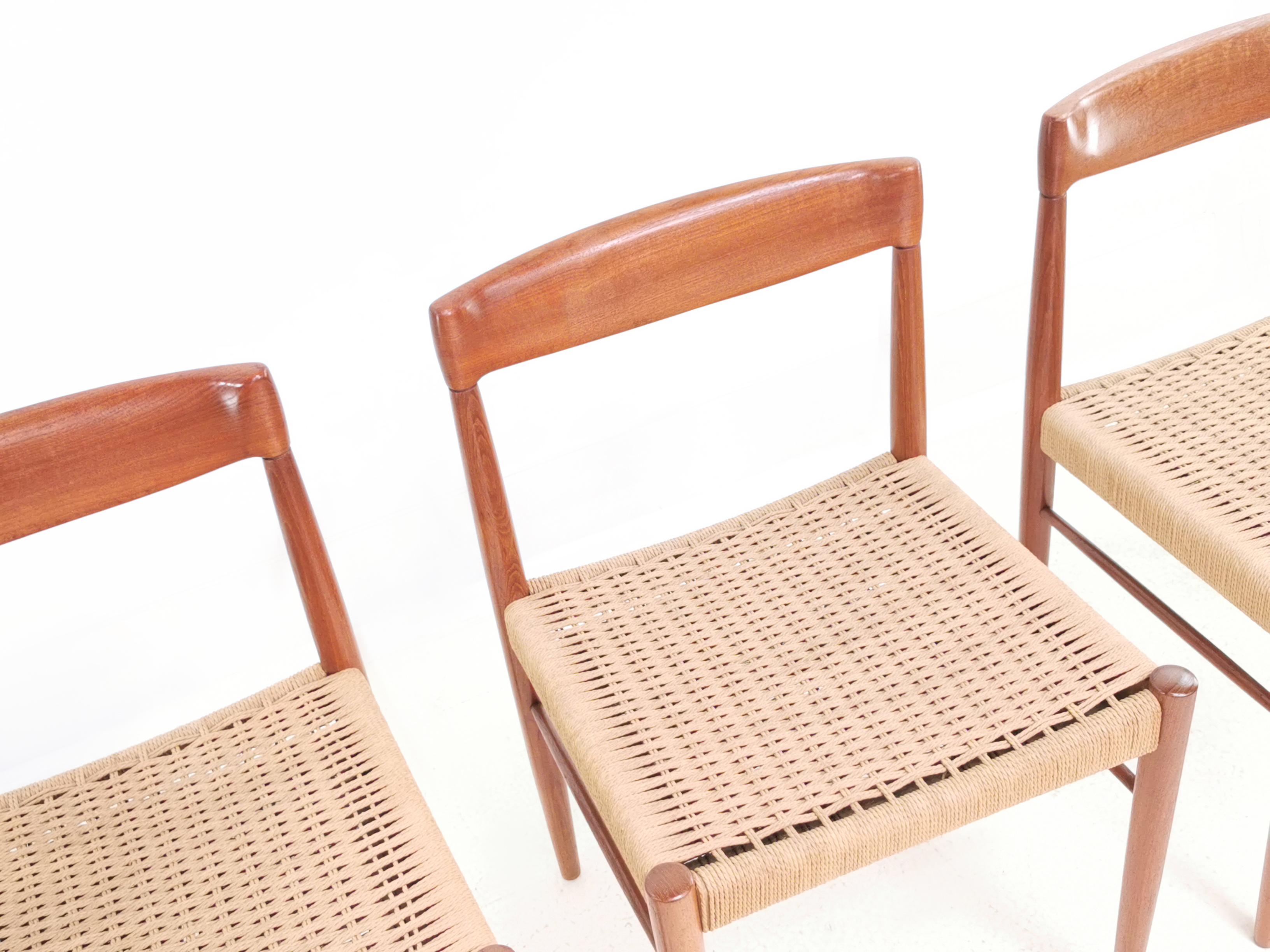 Bramin dining chairs 

Designed for Bramin by H W Klein during the 1960s, this set of three stylish dining chairs were made in Denmark and are an iconic example of mid-century design. Their teak frames, featuring beautifully curved teak back