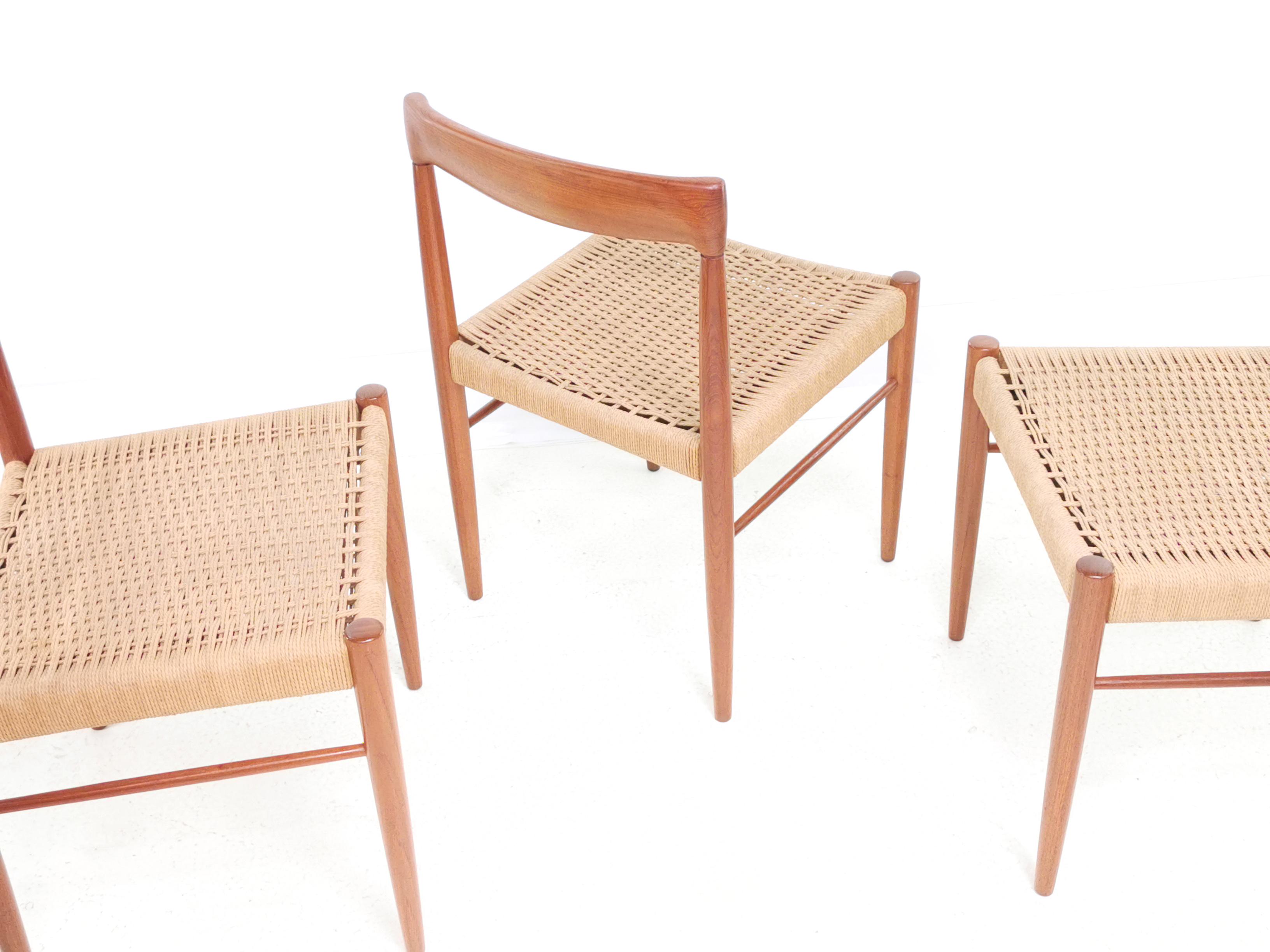 Three Bramin Papercord Mid Century Teak Dining Chairs For Sale 1