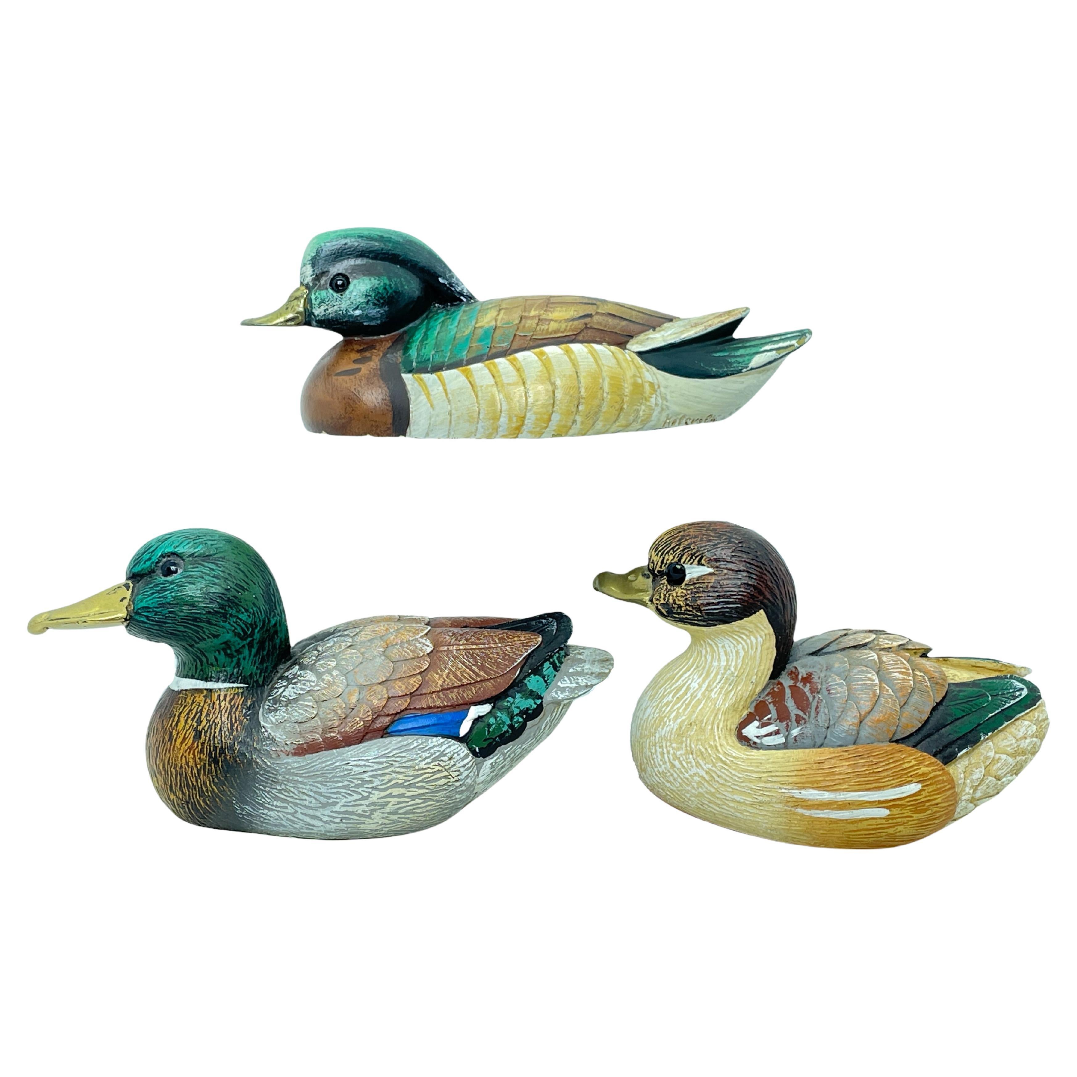 Three Brass Accented Hand Painted Duck Decoy Figurine Statue, Malevolti, Italy For Sale