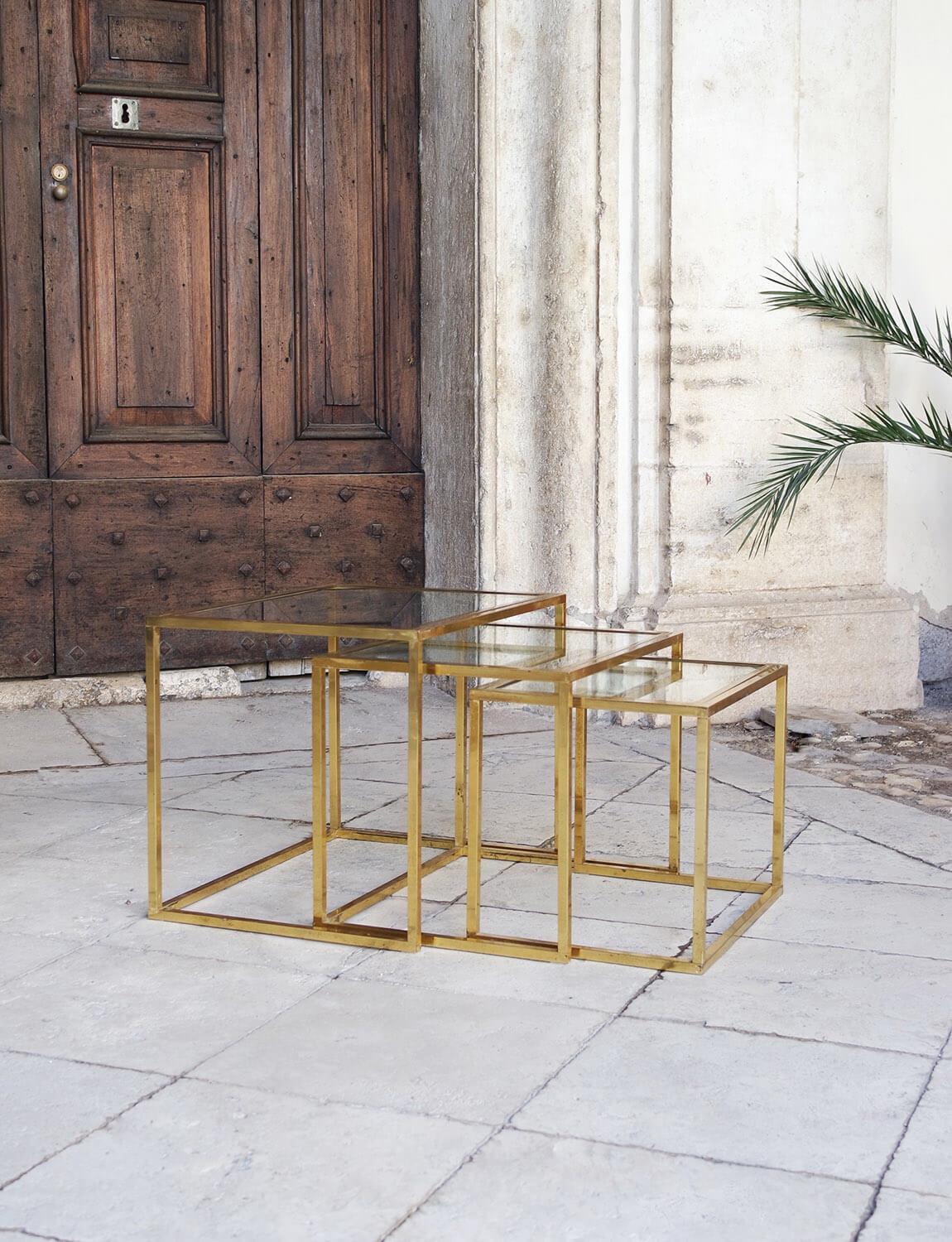 Three Brass and Glass 1970s Italian nesting side tables For Sale 2