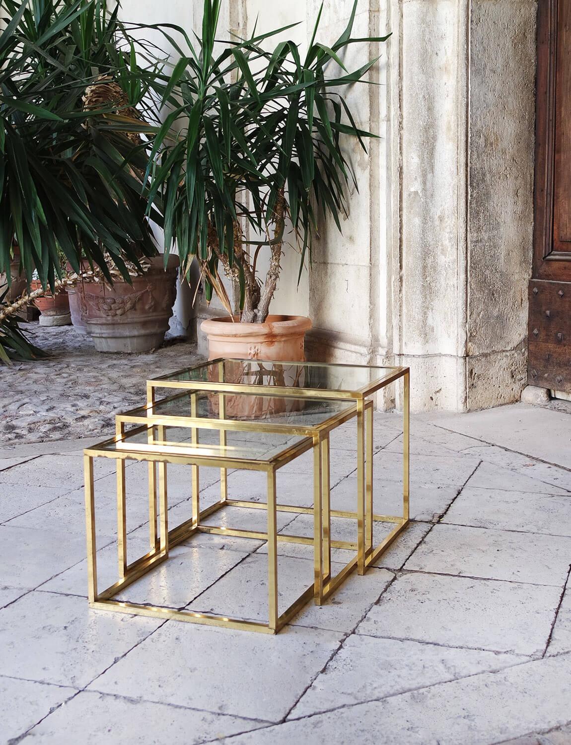 Three Brass and Glass 1970s Italian nesting side tables For Sale 4